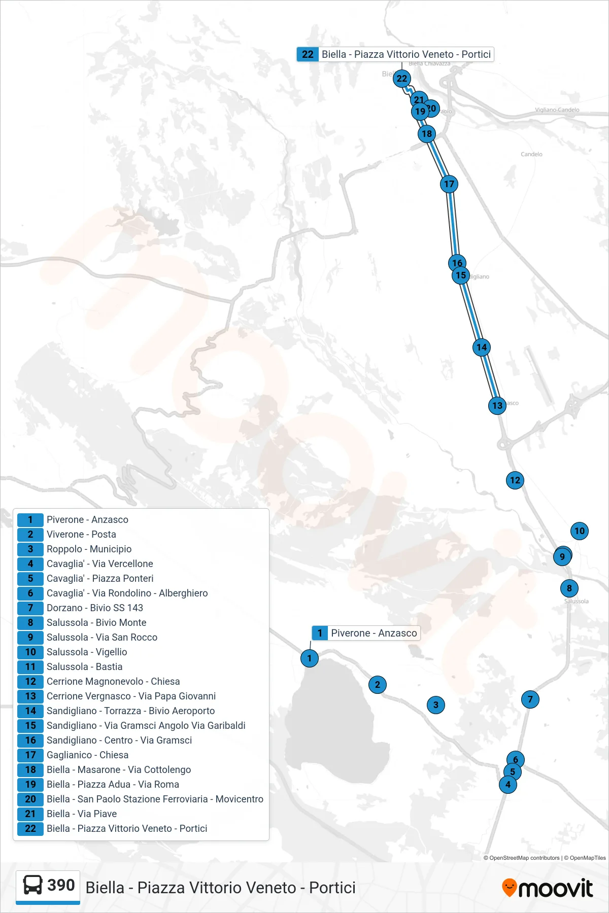 Linea 390 bus (Biella - Piazza Vittorio Veneto - Portici) - Percorsi e fermate sulla mappa