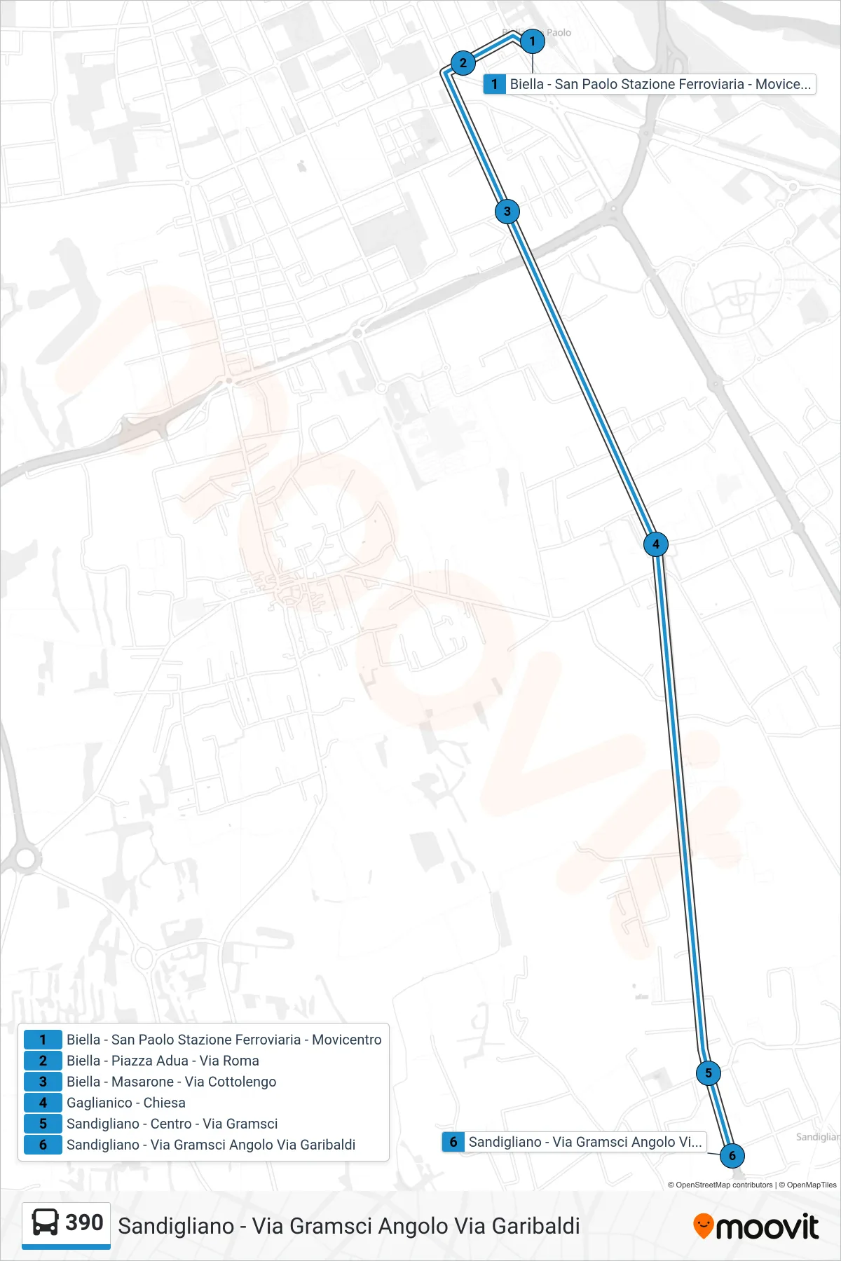 Linea 390 bus (Sandigliano - Via Gramsci Angolo Via Garibaldi) - Percorsi e fermate sulla mappa