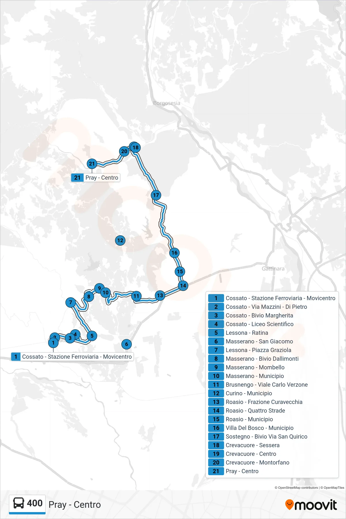 Linea 400 bus (Pray - Centro) - Percorsi e fermate sulla mappa