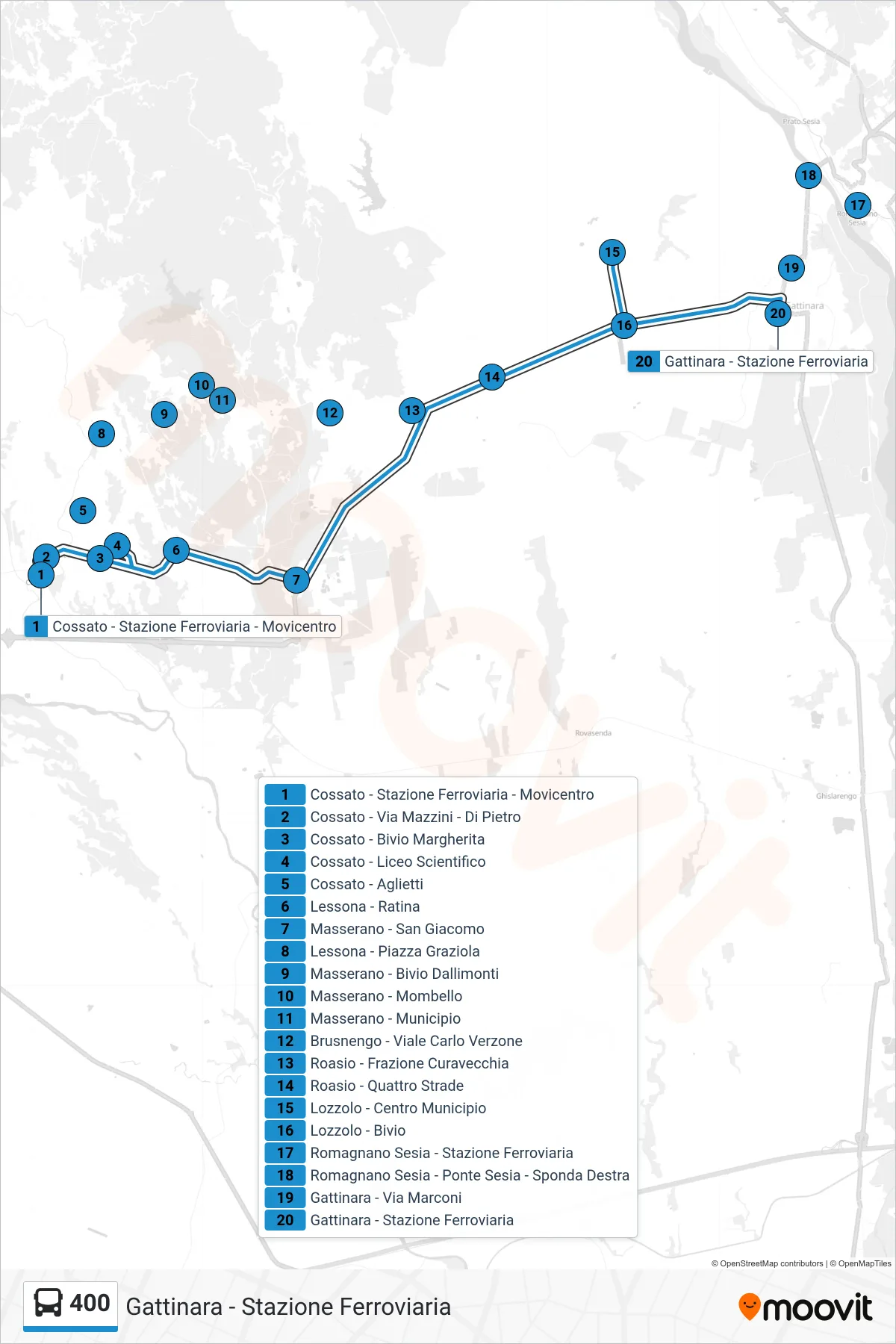 Linea 400 bus (Gattinara - Stazione Ferroviaria) - Percorsi e fermate sulla mappa