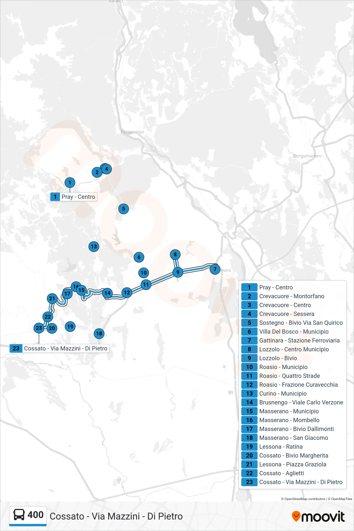 Linea 400  bus (Cossato - Via Mazzini - Di Pietro) - Percorsi e fermate sulla mappa