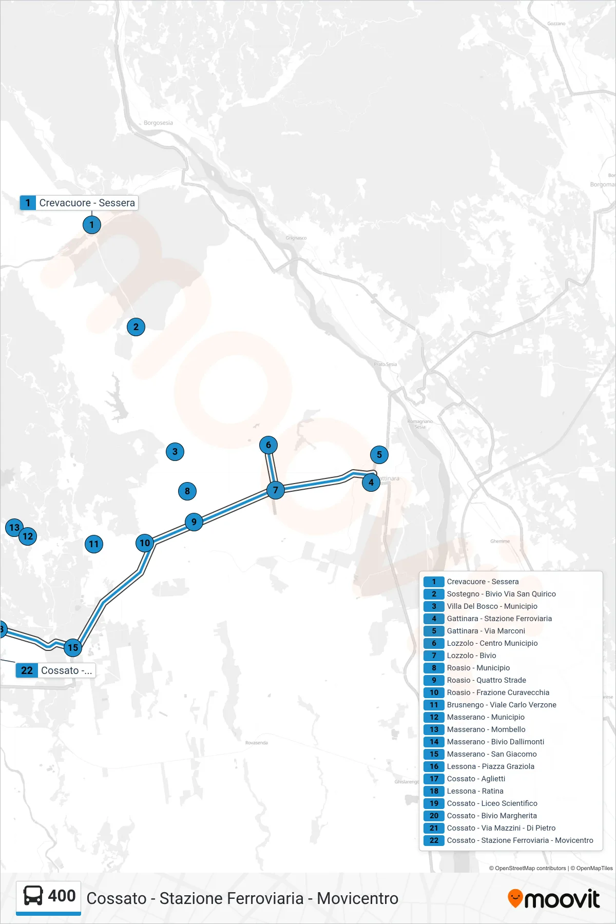 Linea 400 bus (Cossato - Stazione Ferroviaria - Movicentro) - Percorsi e fermate sulla mappa