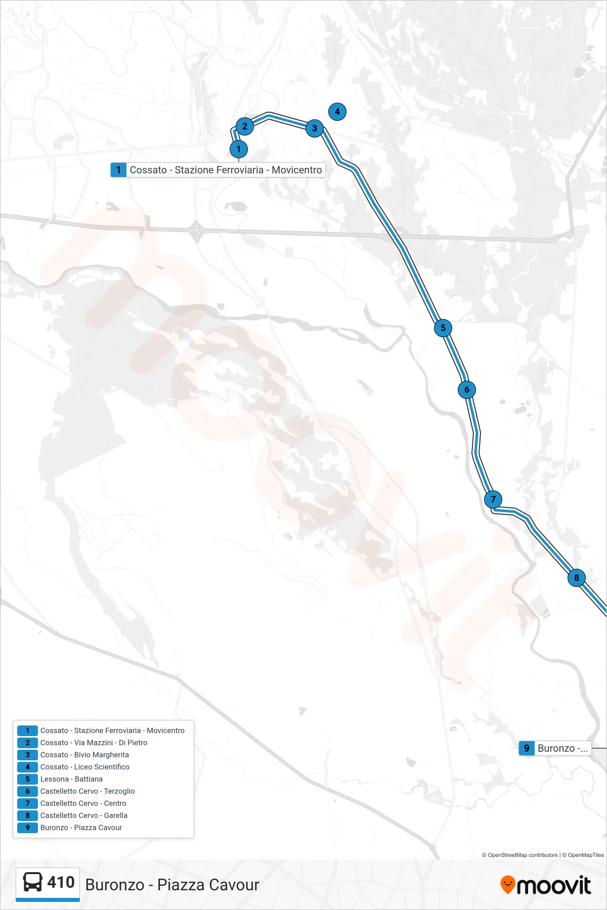 Linea 410 bus (Buronzo - Piazza Cavour) - Percorsi e fermate sulla mappa