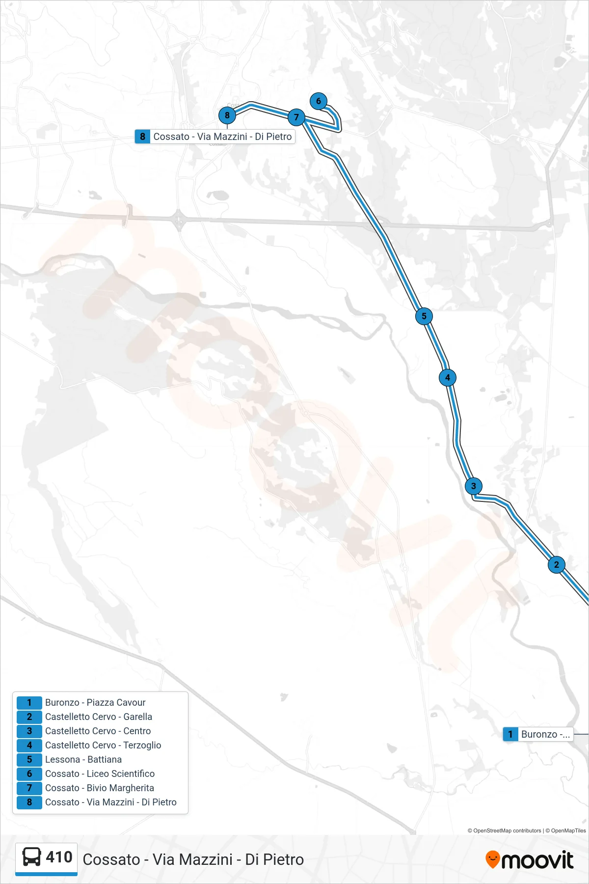 Linea 410  bus (Cossato - Via Mazzini - Di Pietro) - Percorsi e fermate sulla mappa