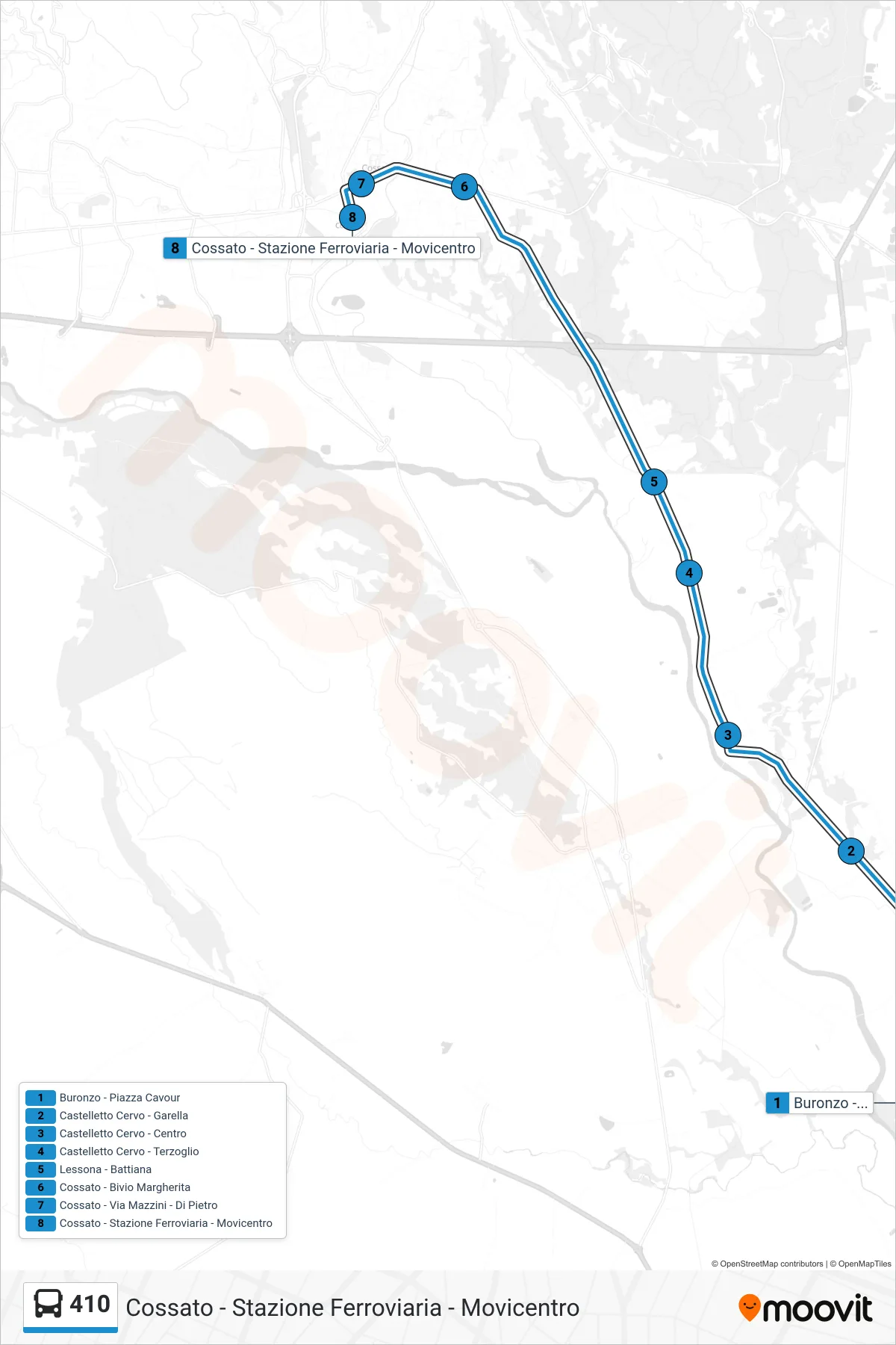 Linea 410  bus (Cossato - Stazione Ferroviaria - Movicentro) - Percorsi e fermate sulla mappa