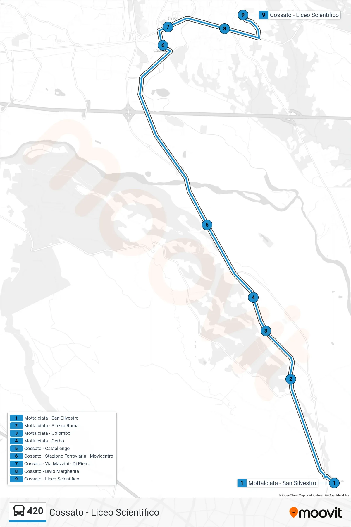 Linea 420  bus (Cossato - Liceo Scientifico) - Percorsi e fermate sulla mappa