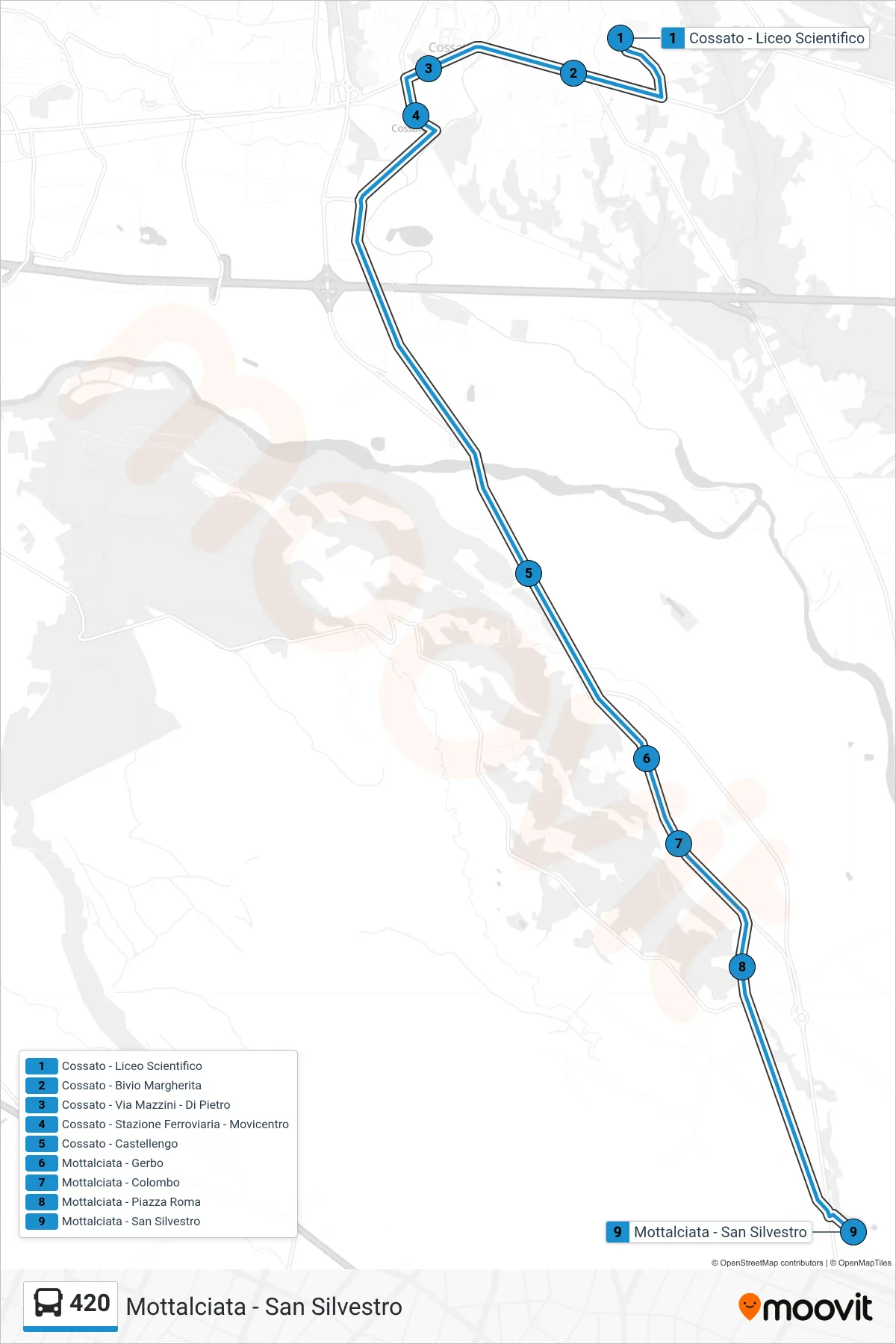 Linea 420 bus (Mottalciata - San Silvestro) - Percorsi e fermate sulla mappa