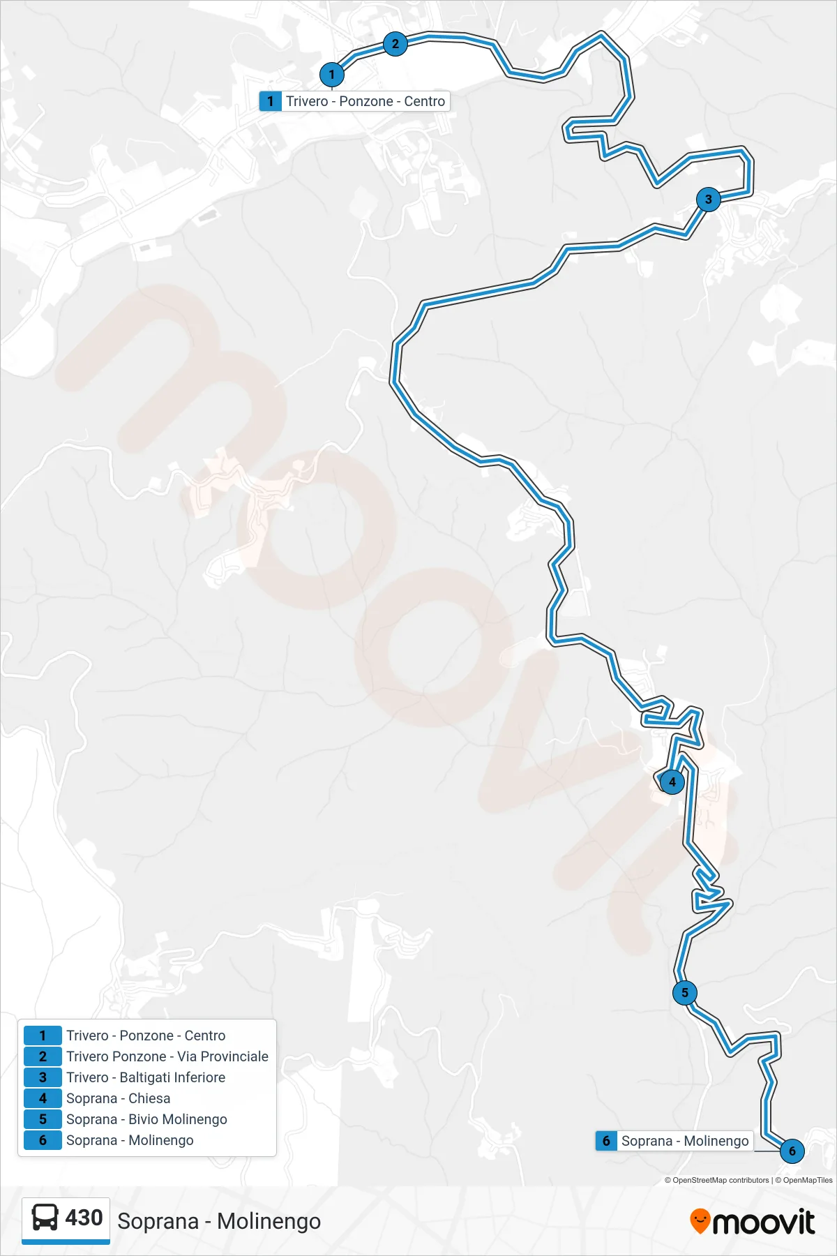 Linea 430 bus (Soprana - Molinengo) - Percorsi e fermate sulla mappa
