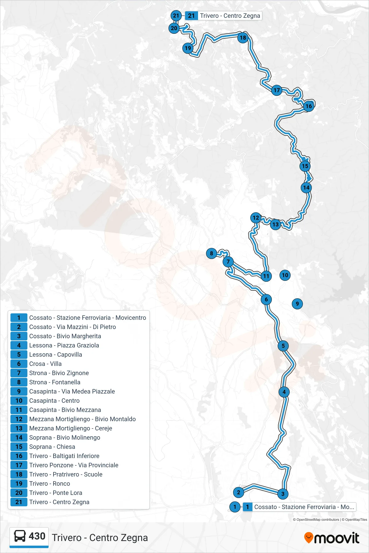 Linea 430  bus (Trivero - Centro Zegna) - Percorsi e fermate sulla mappa