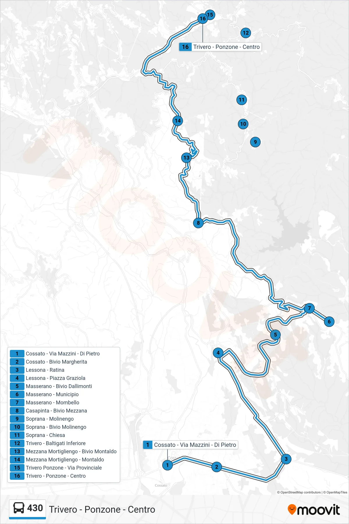 Linea 430  bus (Trivero - Ponzone - Centro) - Percorsi e fermate sulla mappa