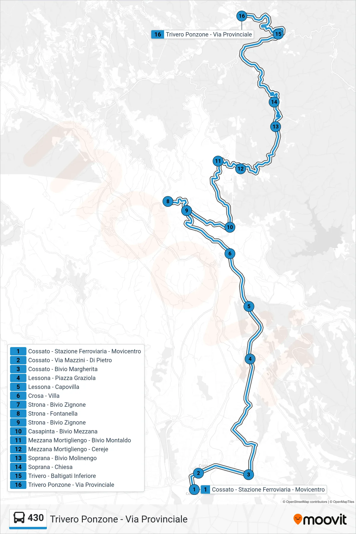 Linea 430 bus (Trivero Ponzone - Via Provinciale) - Percorsi e fermate sulla mappa