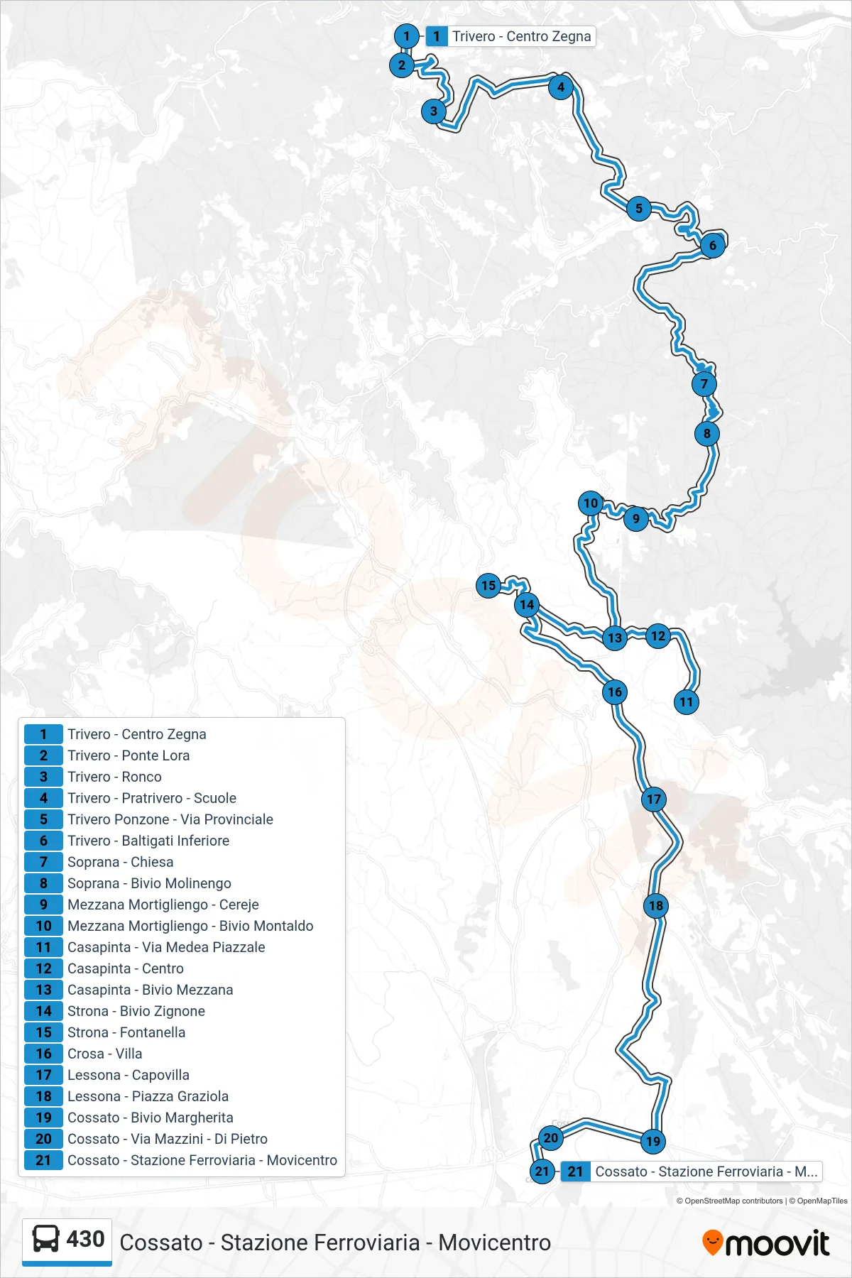 Linea 430 bus (Cossato - Stazione Ferroviaria - Movicentro) - Percorsi e fermate sulla mappa