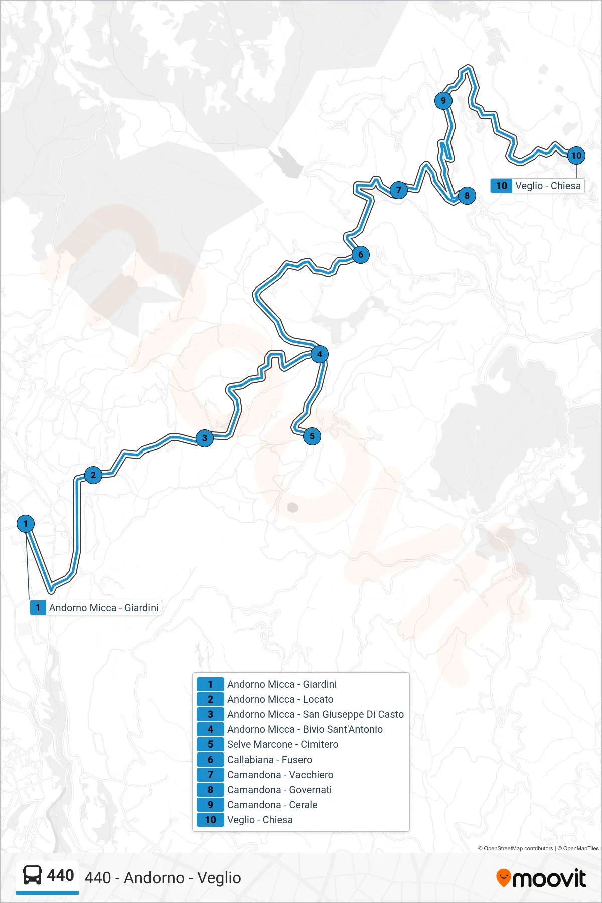 Linea 440 bus (Veglio - Chiesa) - Percorsi e fermate sulla mappa