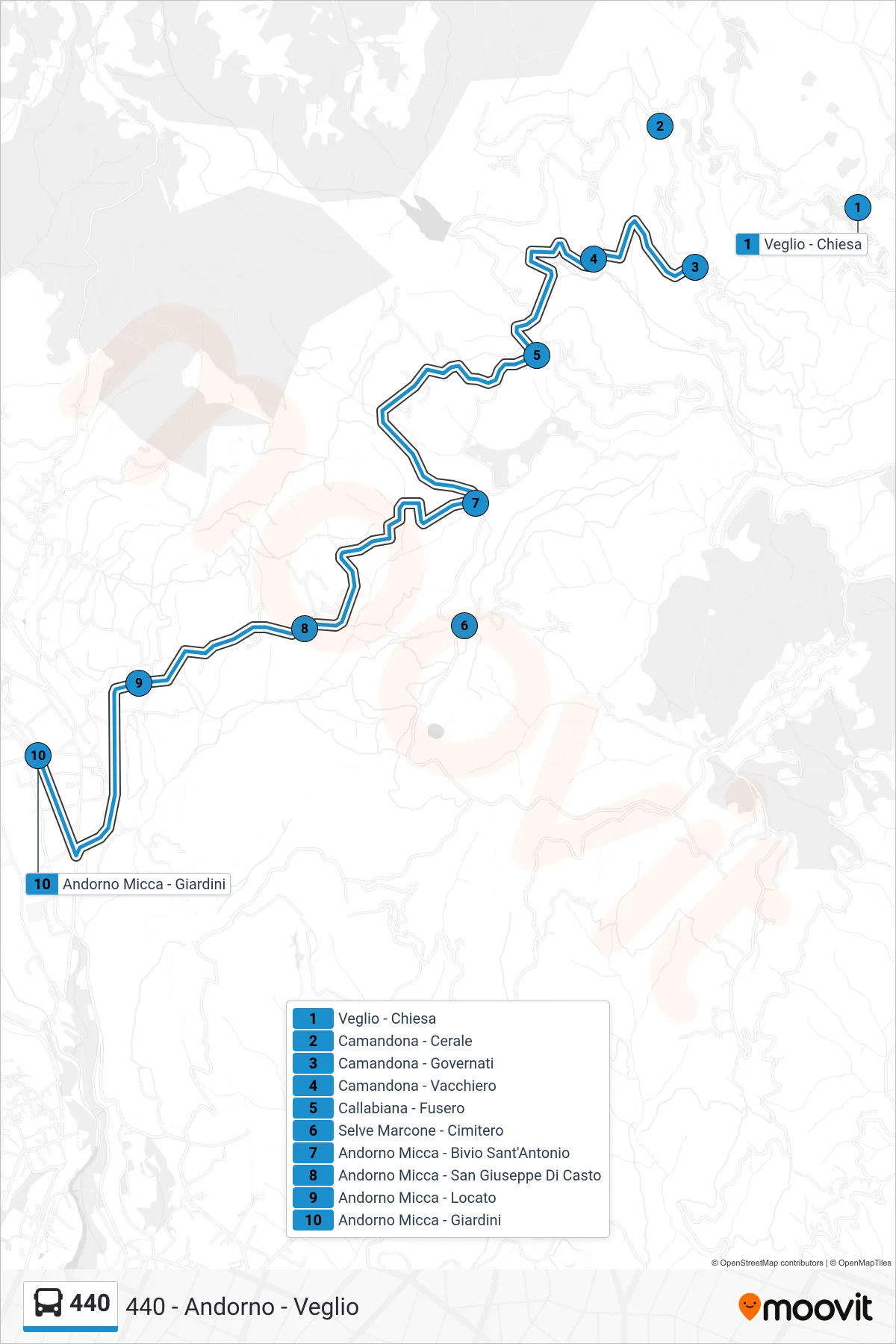 Linea 440 bus (Andorno Micca - Giardini) - Percorsi e fermate sulla mappa