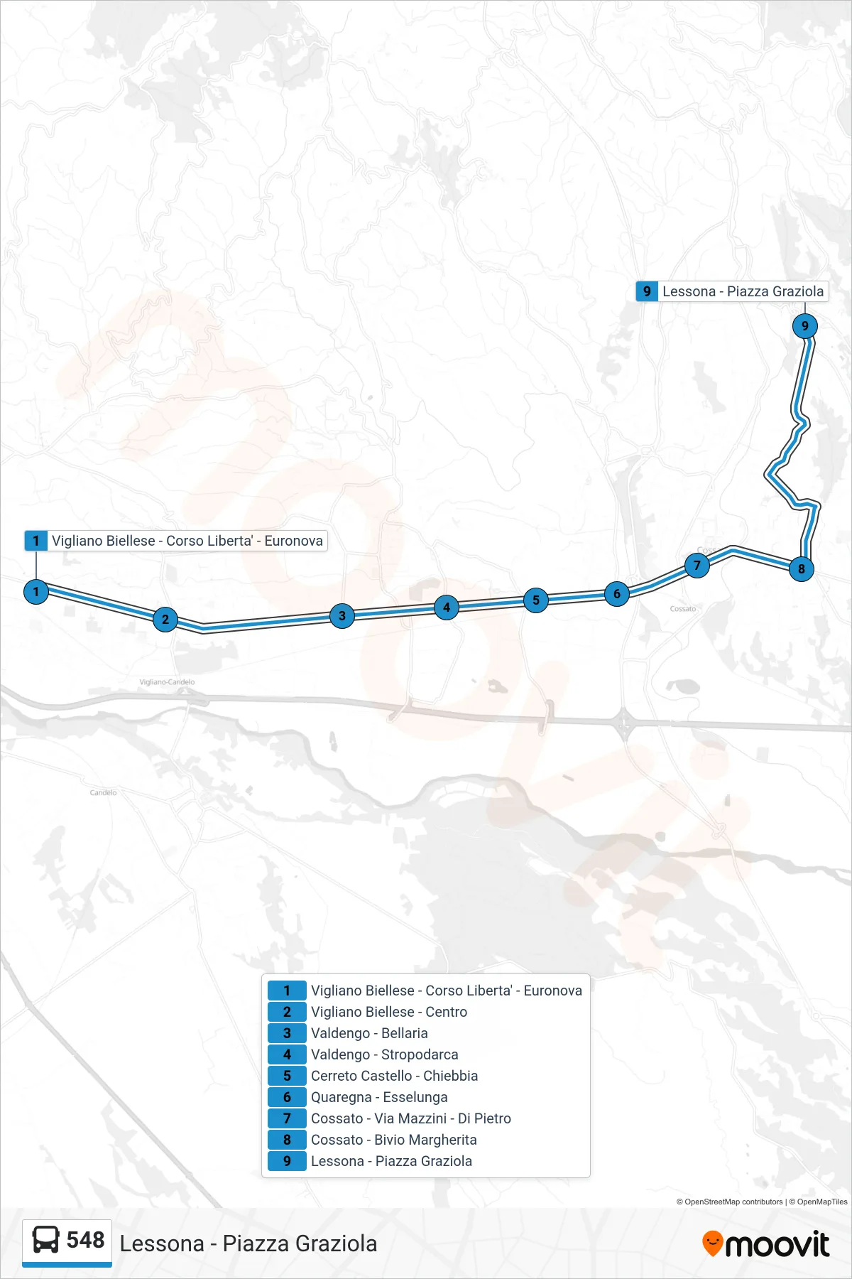 Linea 548  bus (Lessona - Piazza Graziola) - Percorsi e fermate sulla mappa