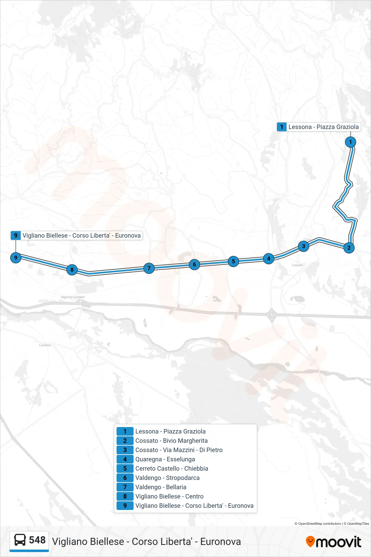Linea 548  bus (Vigliano Biellese - Corso Liberta' - Euronova) - Percorsi e fermate sulla mappa