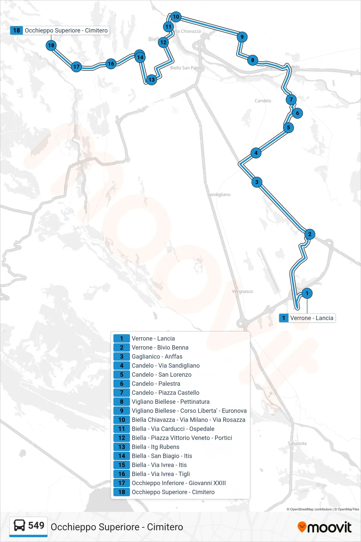 Linea 549  bus (Occhieppo Superiore - Cimitero) - Percorsi e fermate sulla mappa