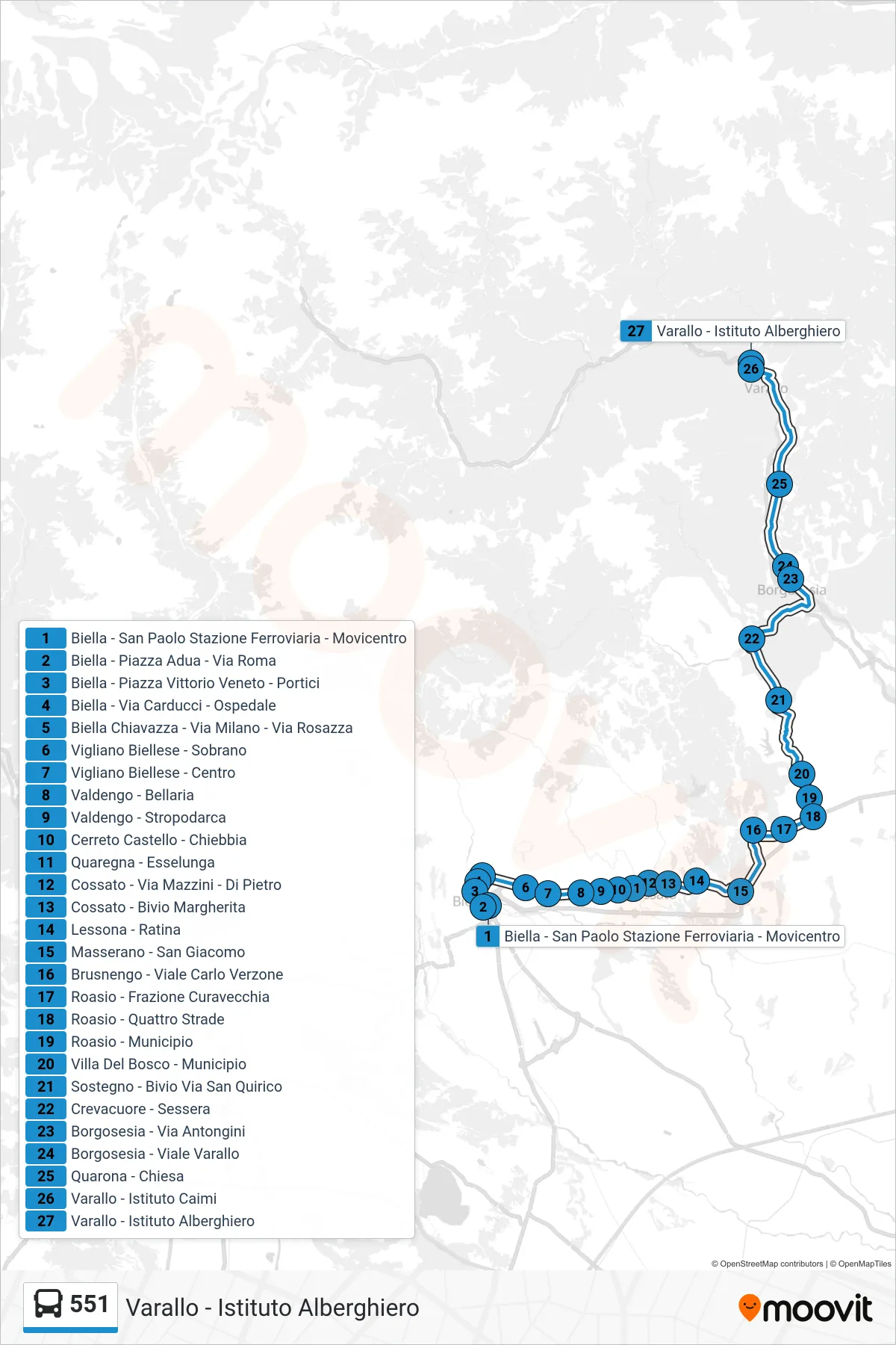 Linea 551 bus (Varallo - Istituto Alberghiero) - Percorsi e fermate sulla mappa