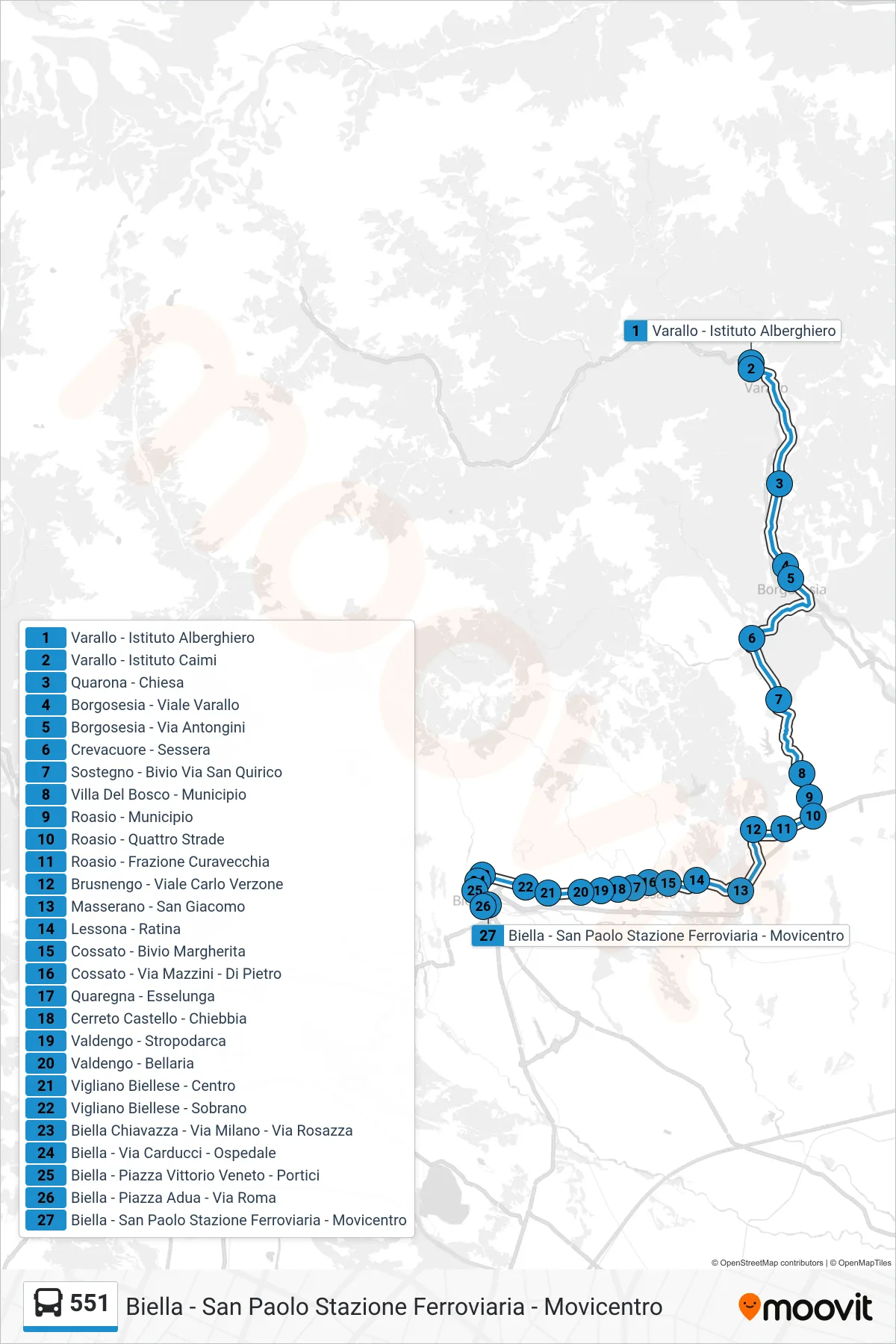 Linea 551 bus (Biella - San Paolo Stazione Ferroviaria - Movicentro) - Percorsi e fermate sulla mappa