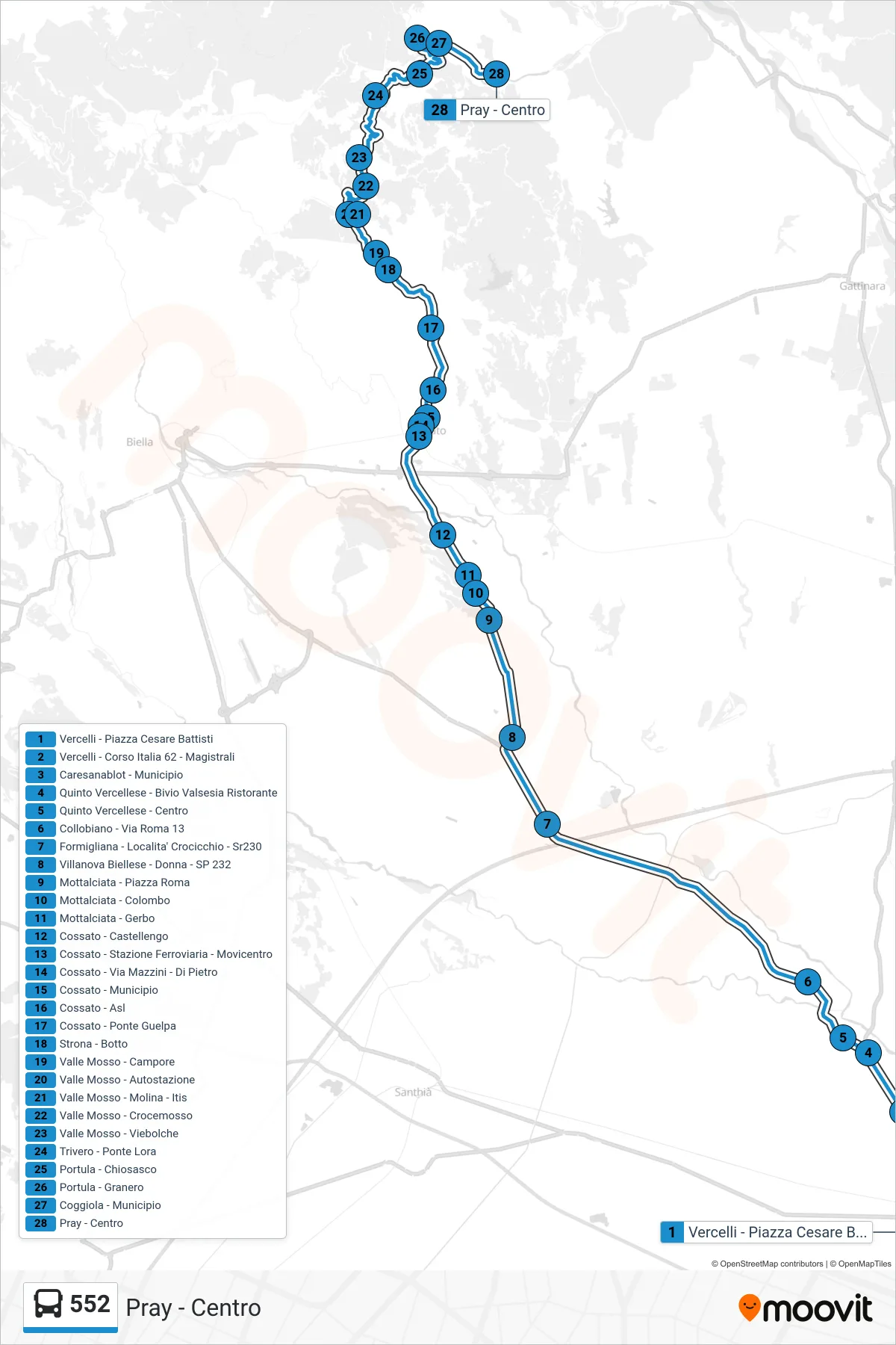 Linea 552 bus (Pray - Centro) - Percorsi e fermate sulla mappa