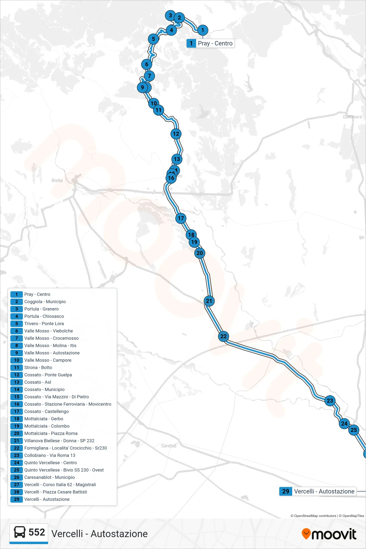 Linea 552 bus (Vercelli - Autostazione) - Percorsi e fermate sulla mappa