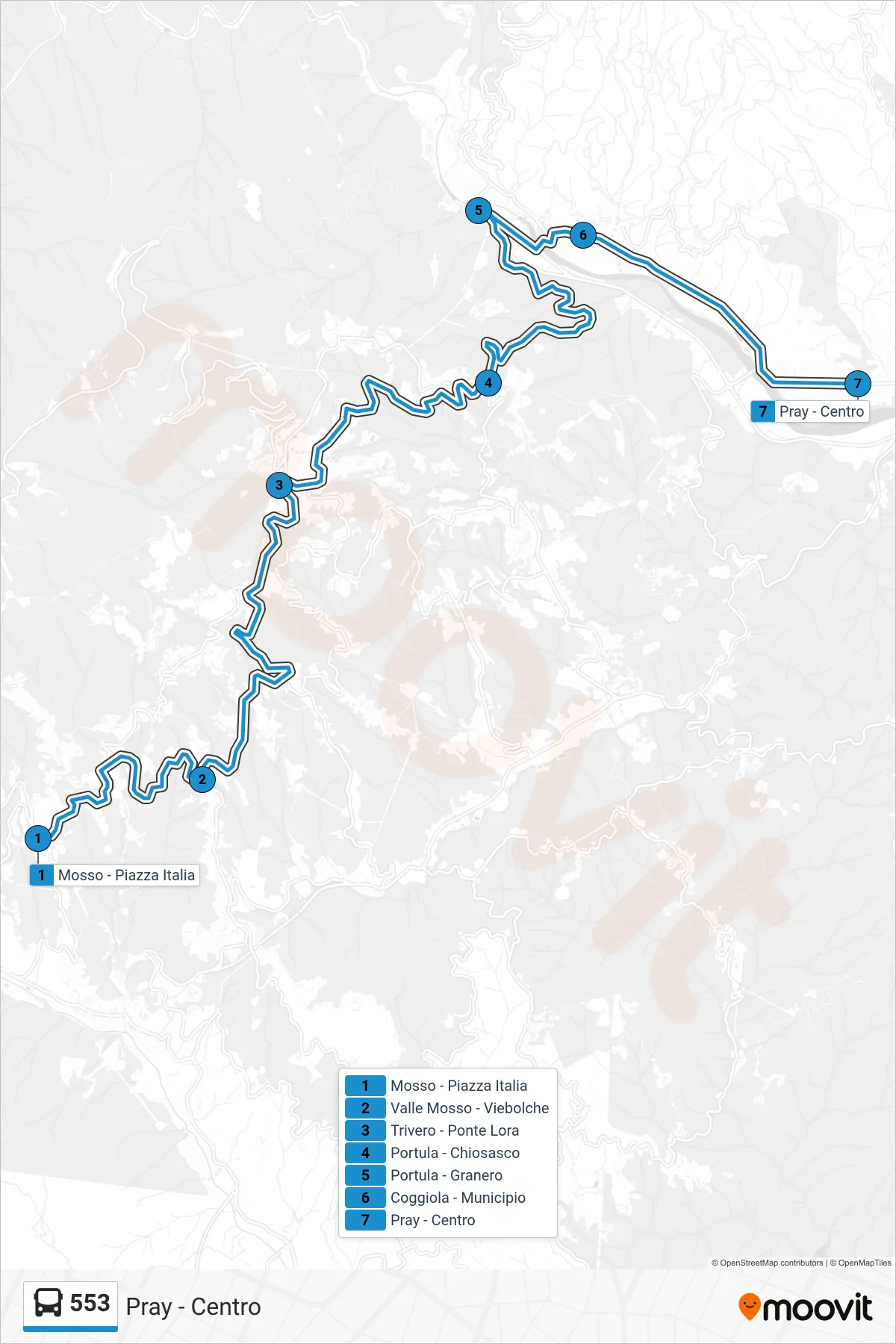 Linea 553 bus (Pray - Centro) - Percorsi e fermate sulla mappa