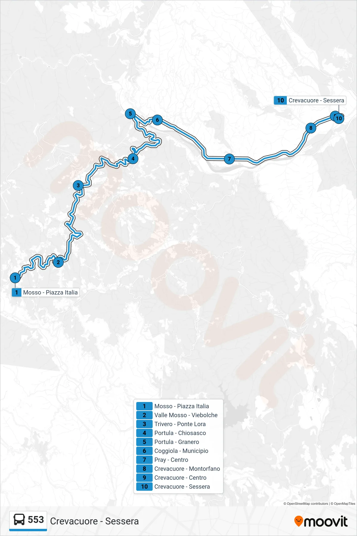 Linea 553 bus (Crevacuore - Sessera) - Percorsi e fermate sulla mappa