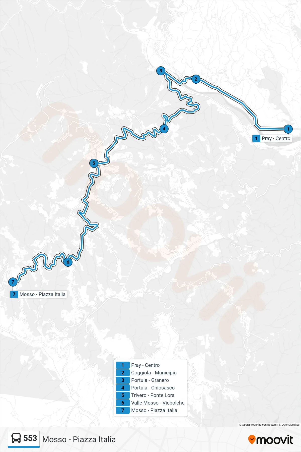 Linea 553 bus (Mosso - Piazza Italia) - Percorsi e fermate sulla mappa