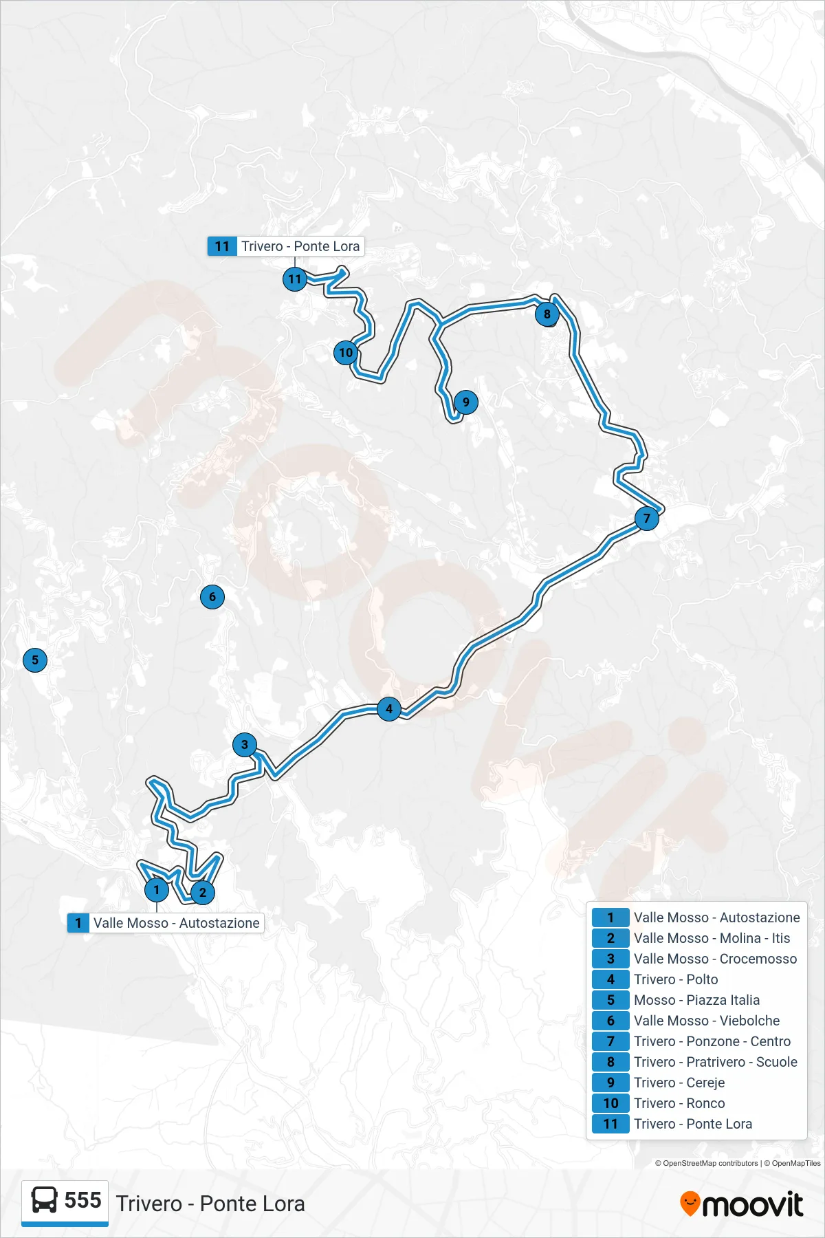 Linea 555  bus (Trivero - Ponte Lora) - Percorsi e fermate sulla mappa