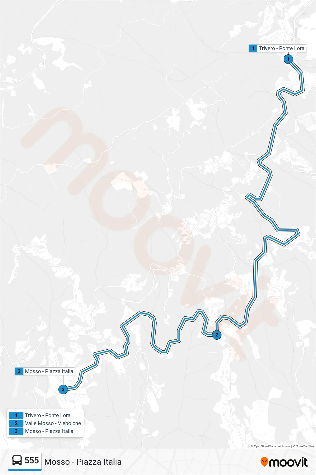 Linea 555 bus (Mosso - Piazza Italia) - Percorsi e fermate sulla mappa