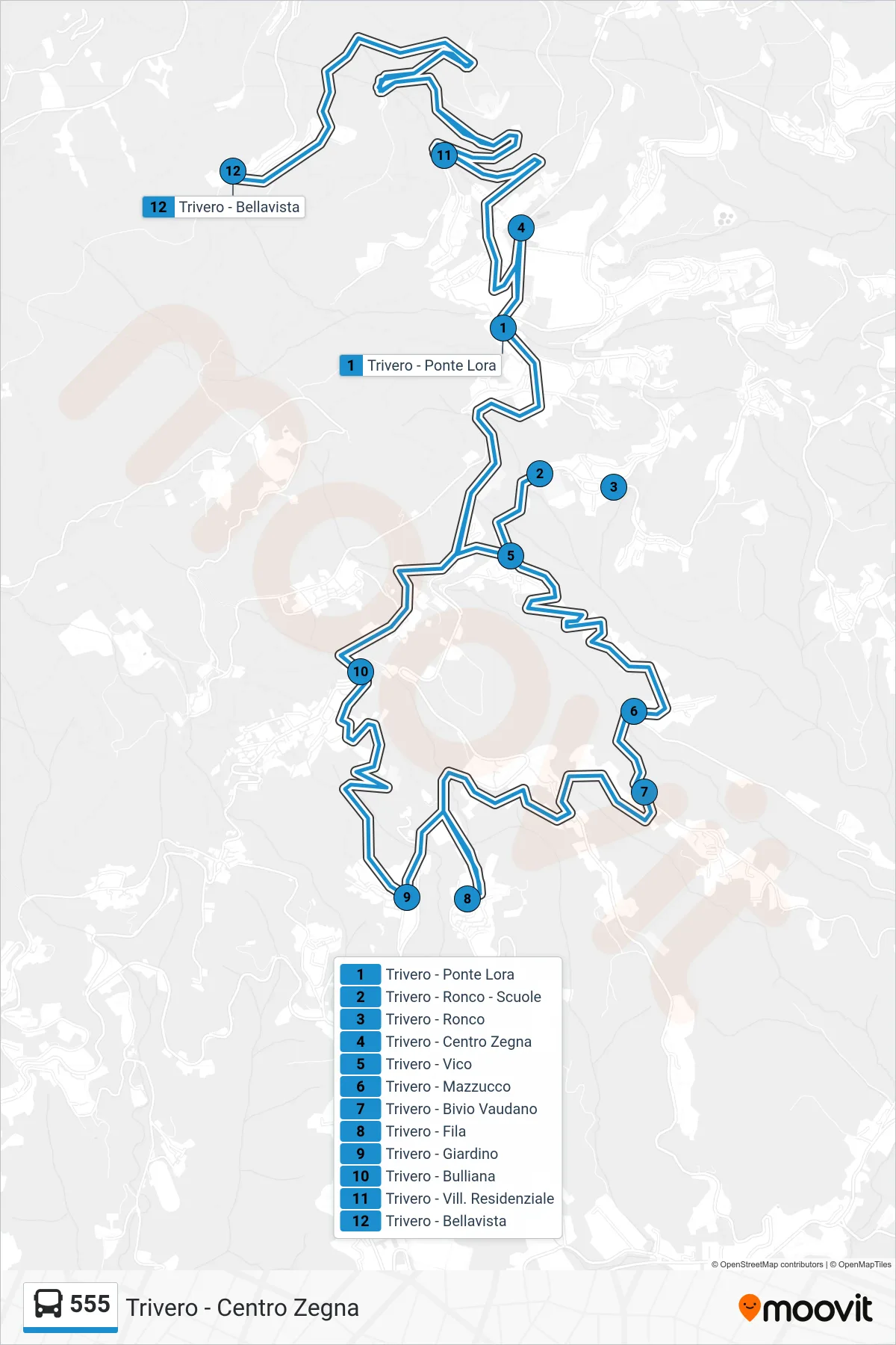 Linea 555  bus (Trivero - Centro Zegna) - Percorsi e fermate sulla mappa