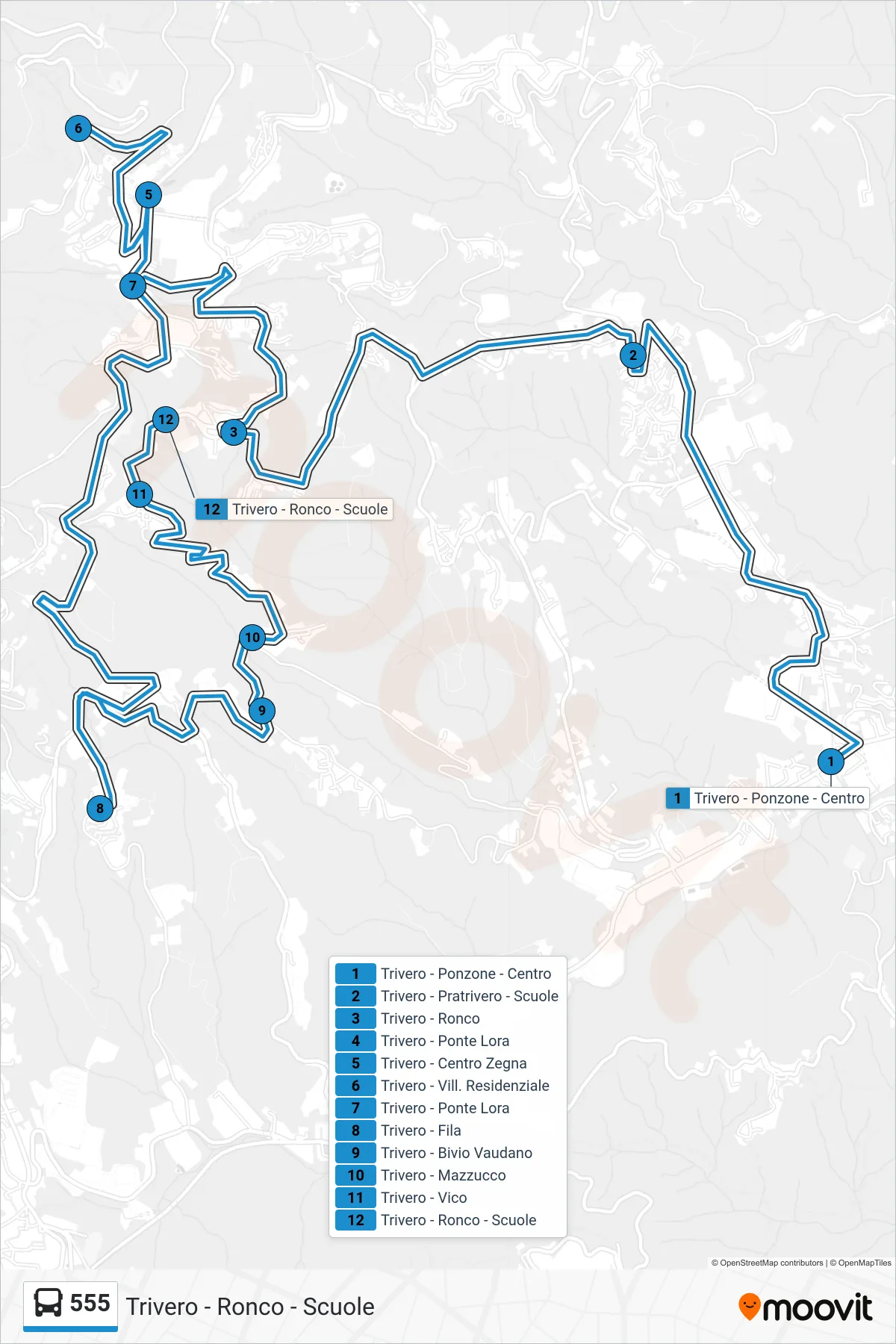 Linea 555  bus (Trivero - Ronco - Scuole) - Percorsi e fermate sulla mappa