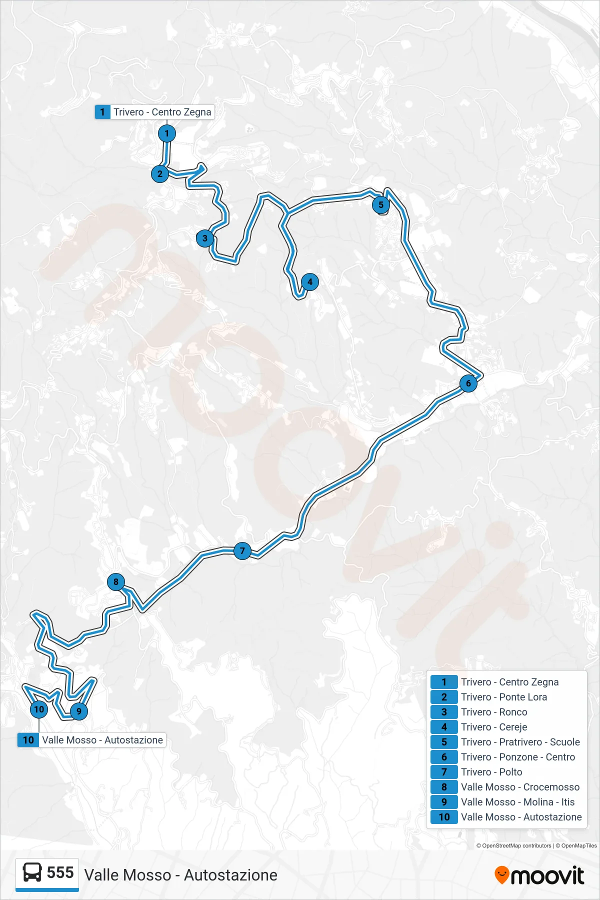 Linea 555  bus (Valle Mosso - Autostazione) - Percorsi e fermate sulla mappa