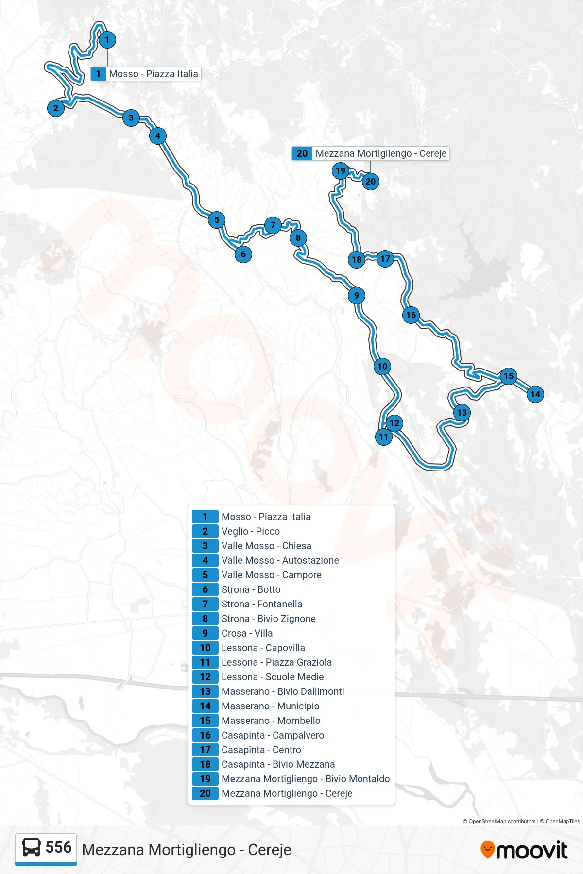 Linea 556 bus (Mezzana Mortigliengo - Cereje) - Percorsi e fermate sulla mappa