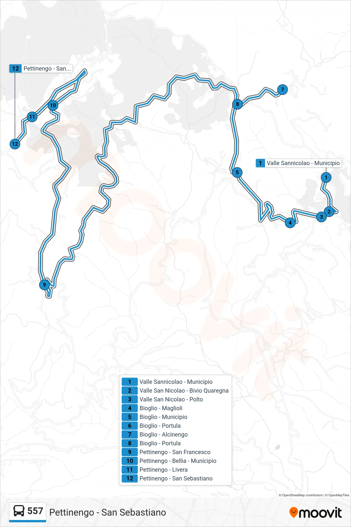 Linea 557 bus (Pettinengo - San Sebastiano) - Percorsi e fermate sulla mappa