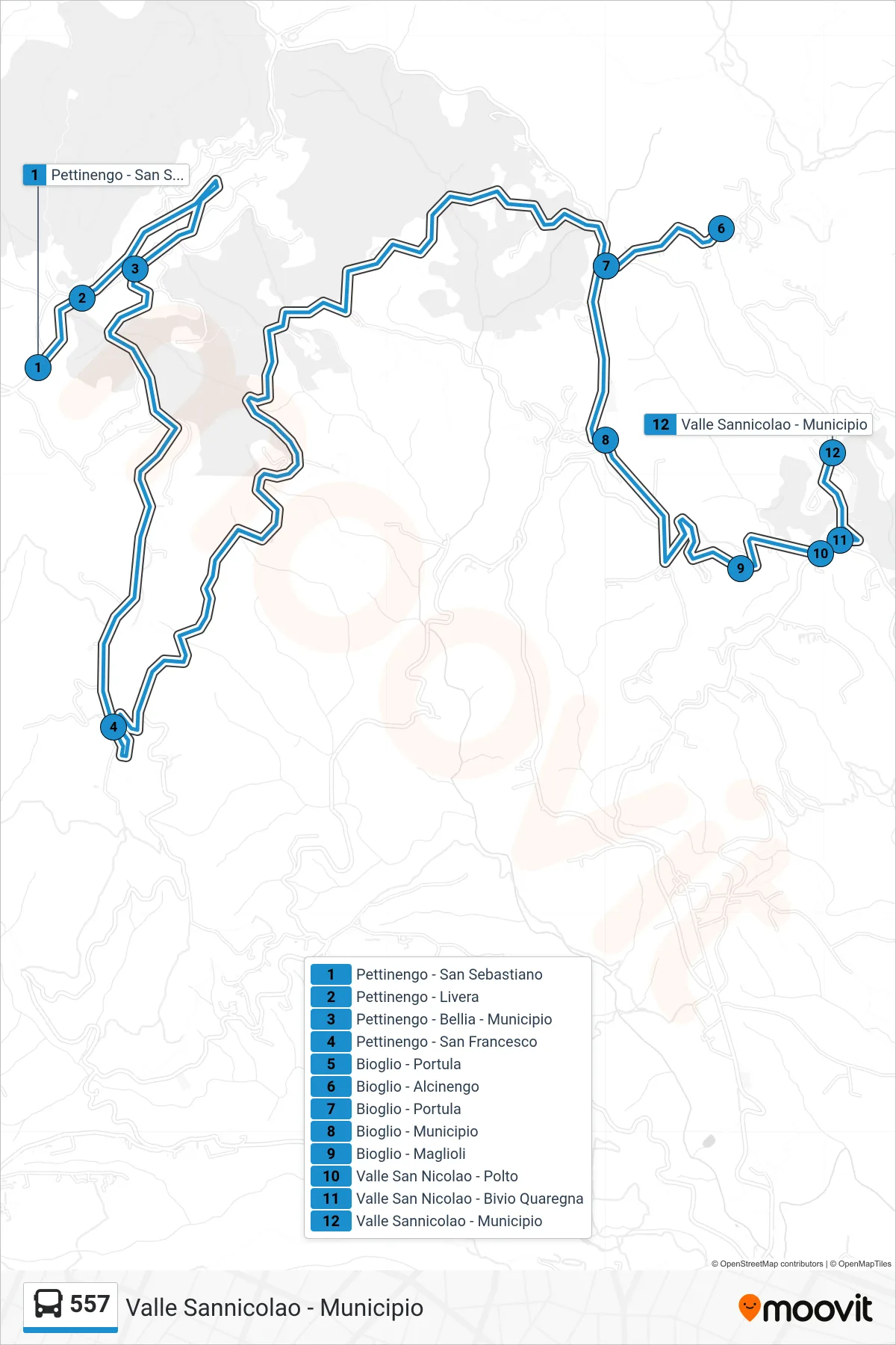 Linea 557 bus (Valle Sannicolao - Municipio) - Percorsi e fermate sulla mappa