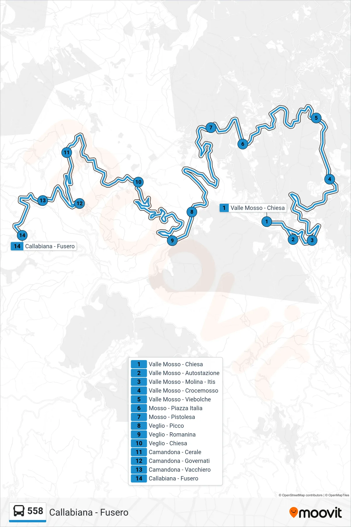 Linea 558 bus (Callabiana - Fusero) - Percorsi e fermate sulla mappa