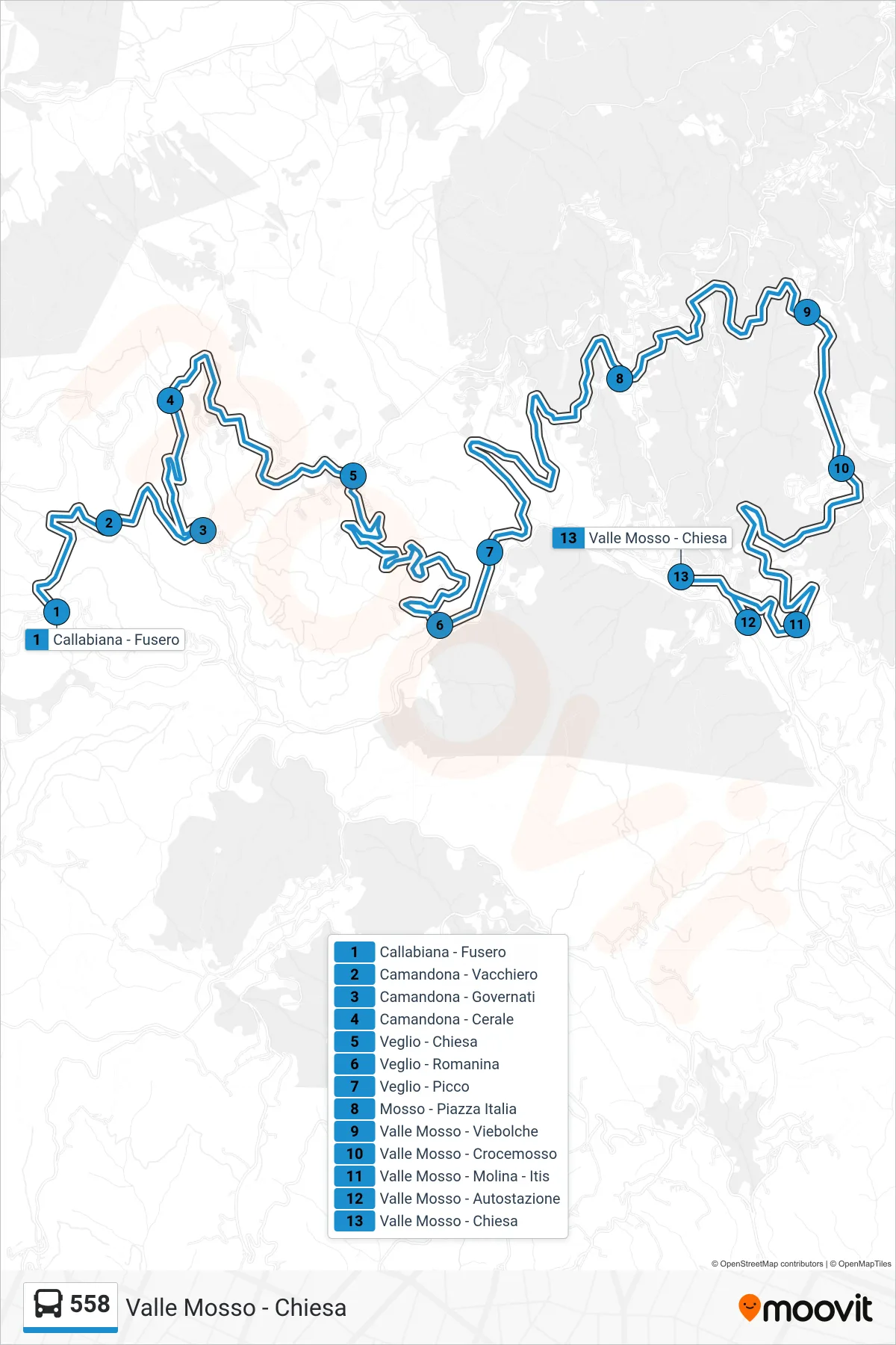 Linea 558 bus (Valle Mosso - Chiesa) - Percorsi e fermate sulla mappa