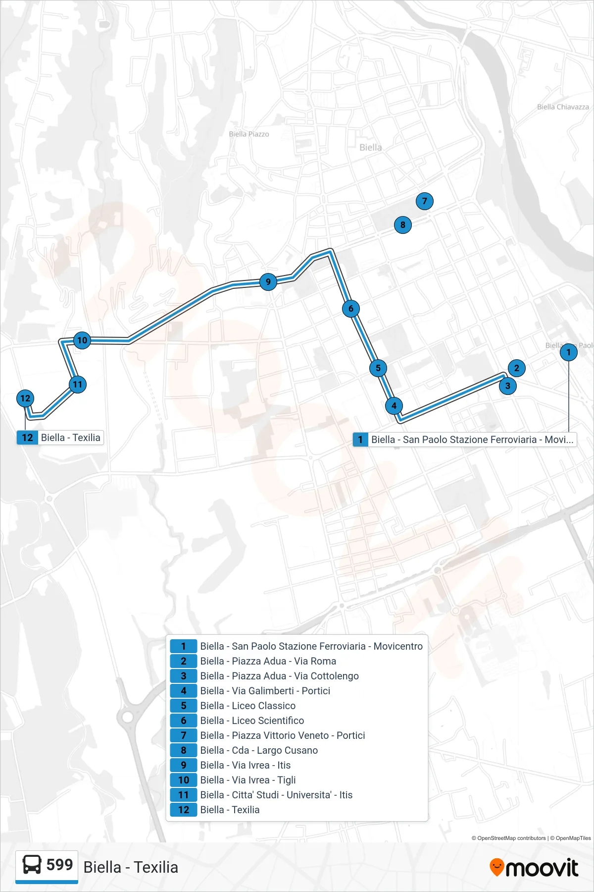 Linea 599 bus (Biella - Texilia) - Percorsi e fermate sulla mappa