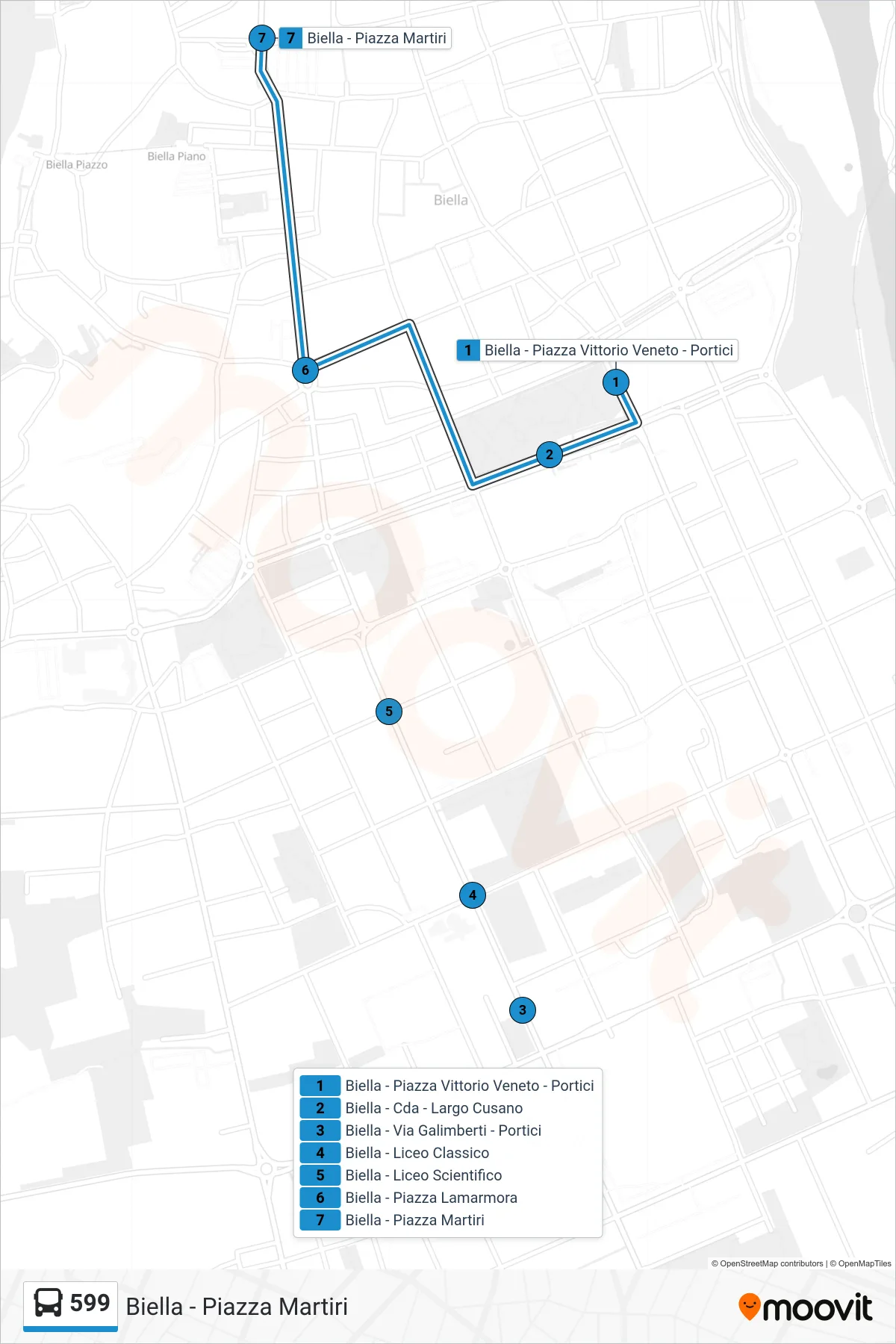 Linea 599  bus (Biella - Piazza Martiri) - Percorsi e fermate sulla mappa