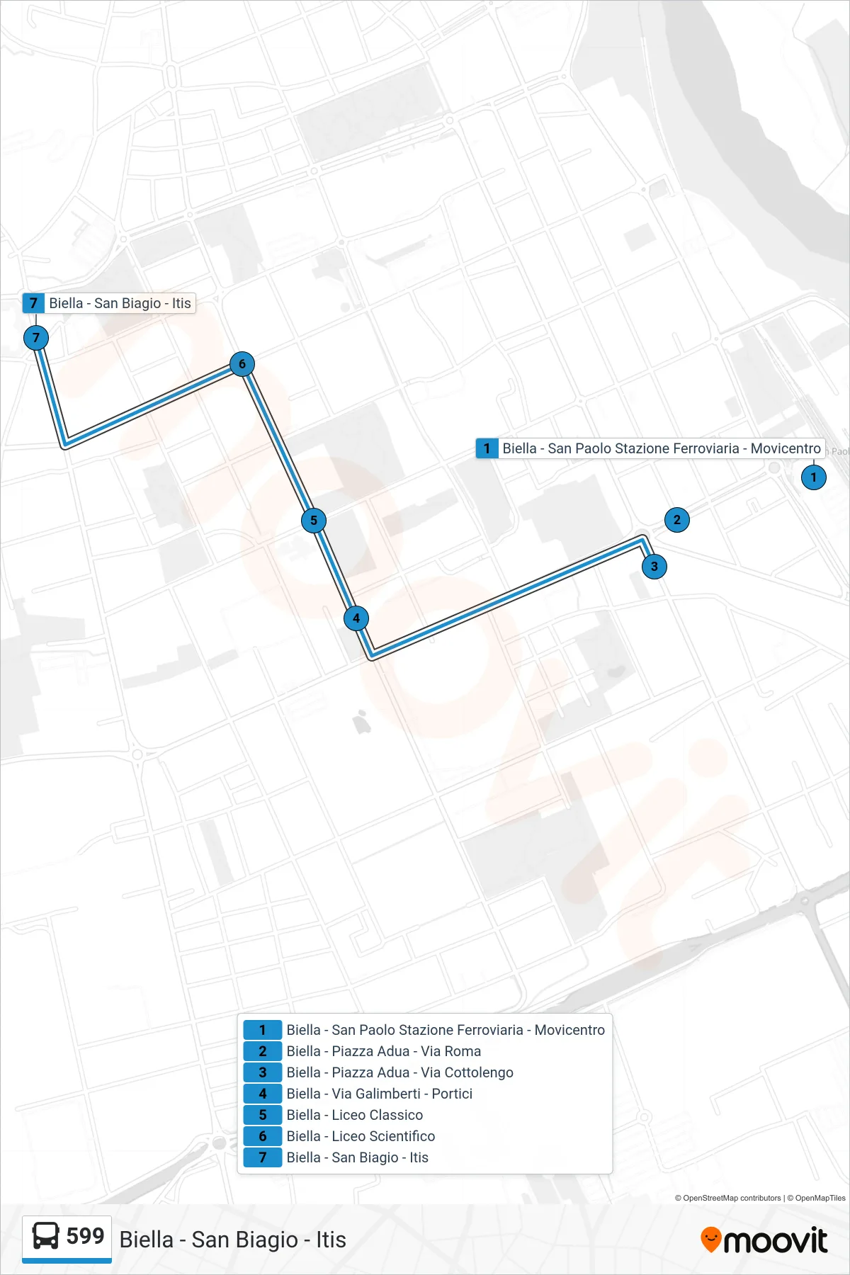 Linea 599  bus (Biella - San Biagio - Itis) - Percorsi e fermate sulla mappa
