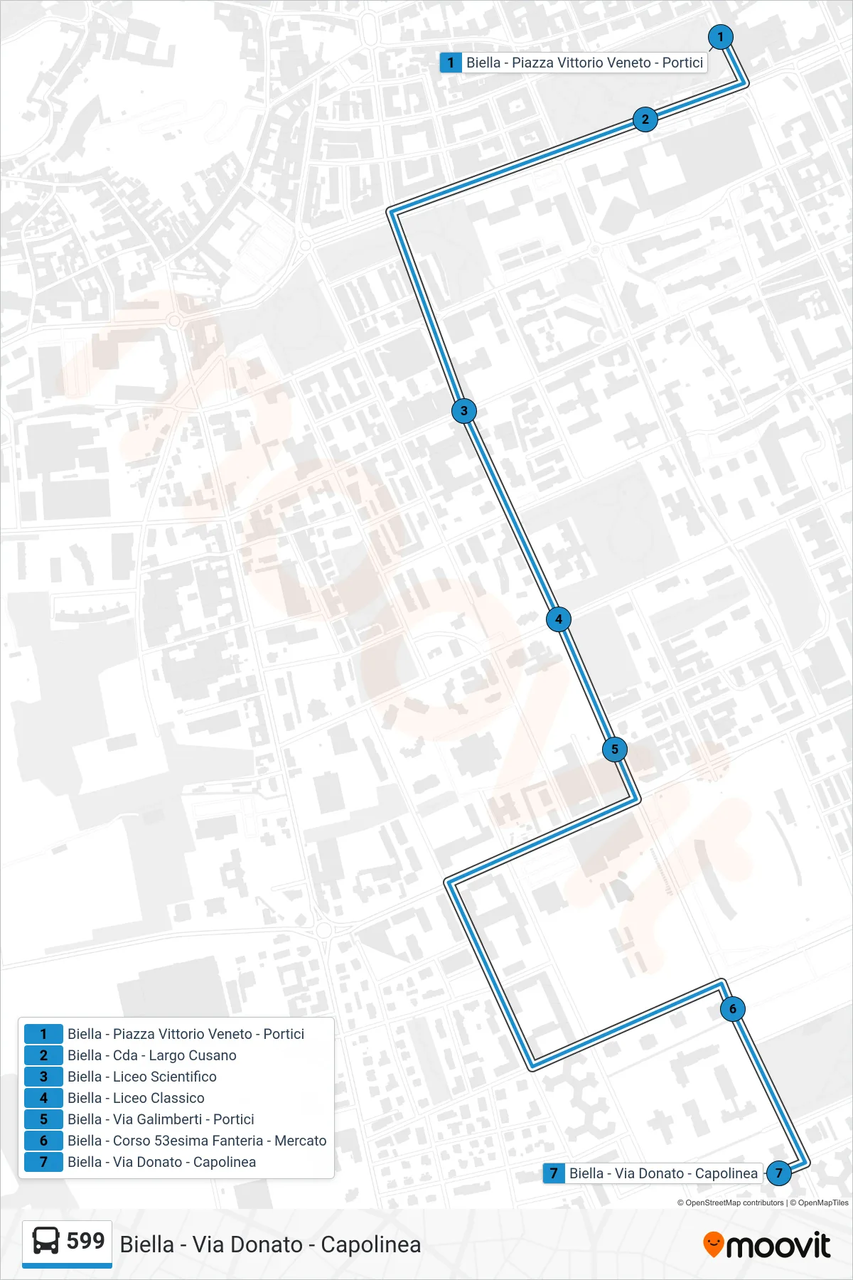 Linea 599  bus (Biella - Via Donato - Capolinea) - Percorsi e fermate sulla mappa