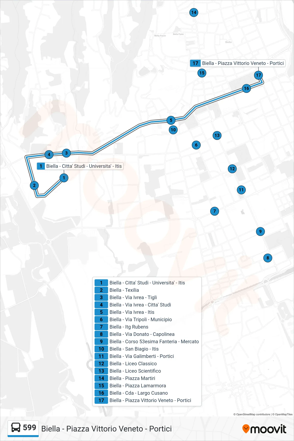 Linea 599 bus (Biella - Piazza Vittorio Veneto - Portici) - Percorsi e fermate sulla mappa