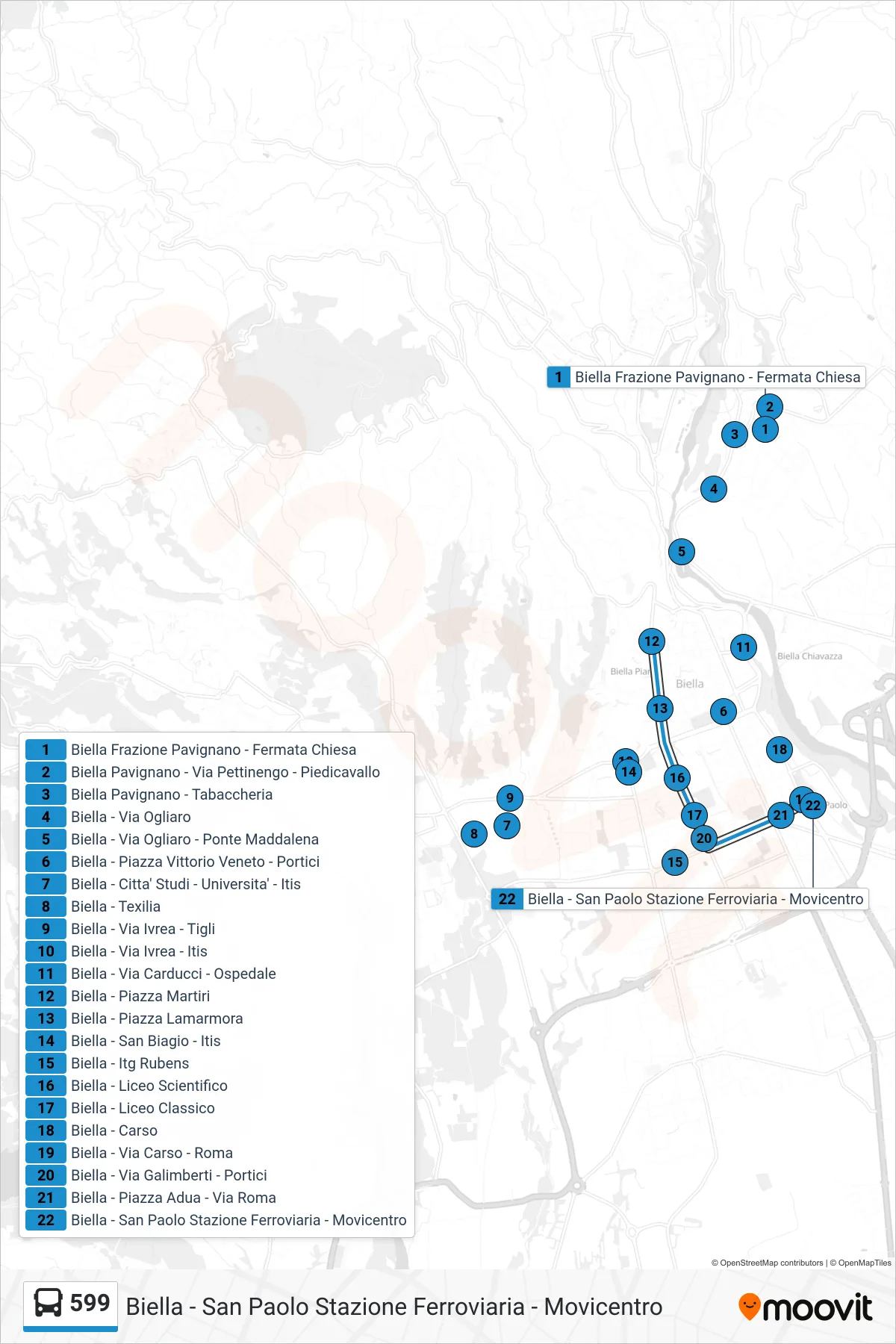Linea 599  bus (Biella - San Paolo Stazione Ferroviaria - Movicentro) - Percorsi e fermate sulla mappa