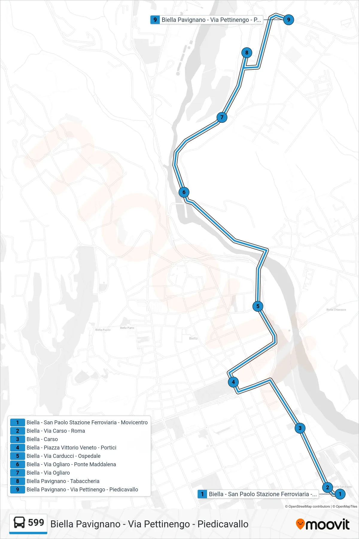 Linea 599  bus (Biella Pavignano - Via Pettinengo - Piedicavallo) - Percorsi e fermate sulla mappa