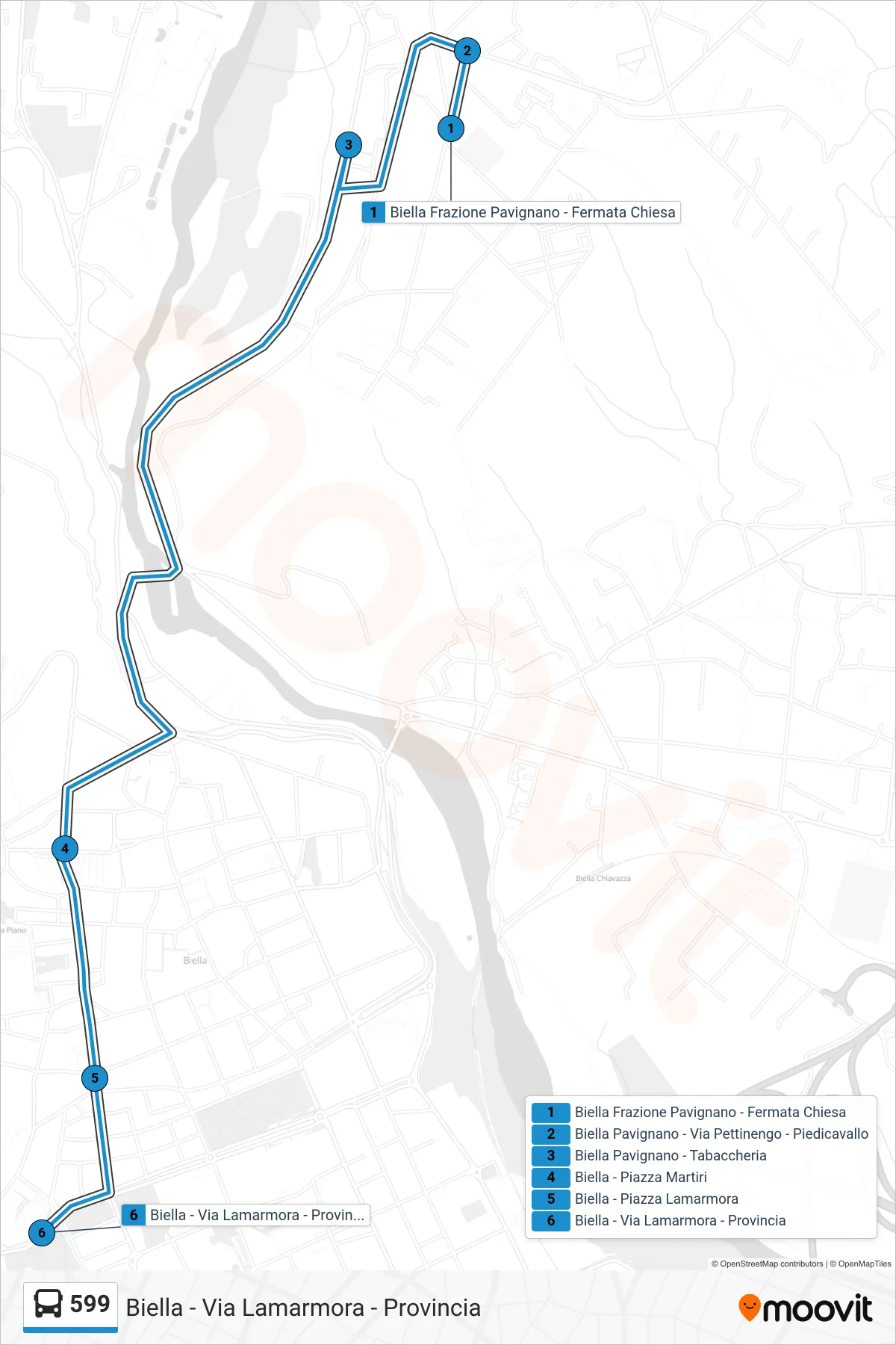 Linea 599  bus (Biella - Via Lamarmora - Provincia) - Percorsi e fermate sulla mappa