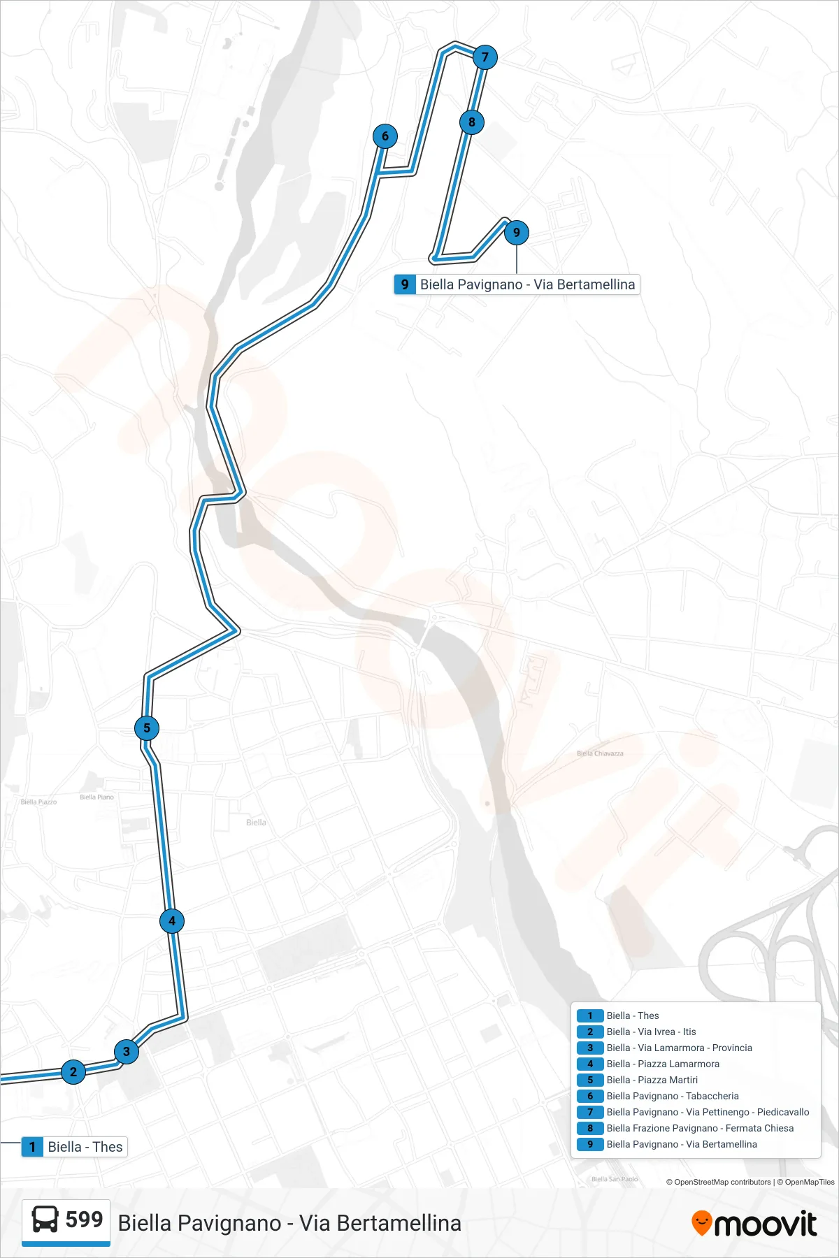 Linea 599 bus (Biella Pavignano - Via Bertamellina) - Percorsi e fermate sulla mappa