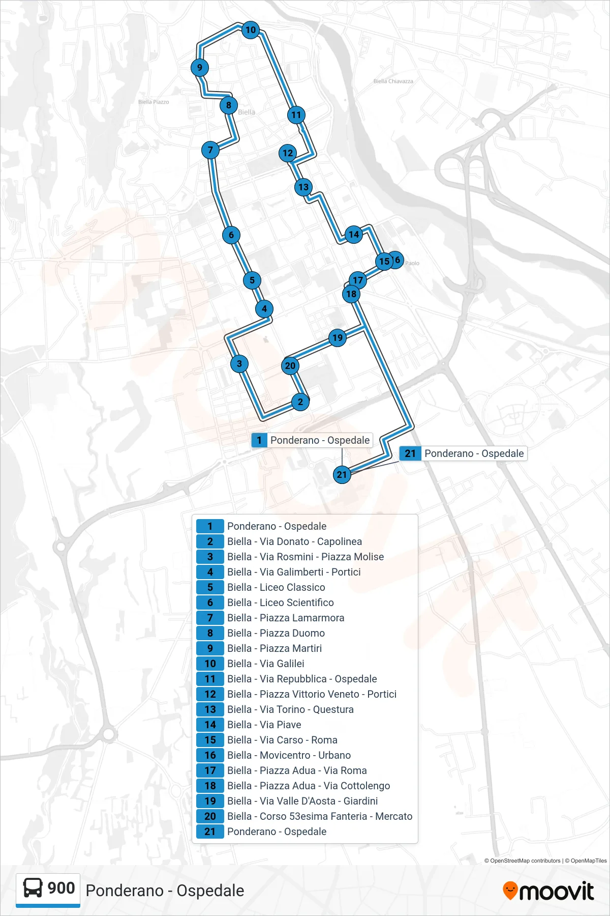 Linea 900 bus (Ponderano - Ospedale) - Percorsi e fermate sulla mappa