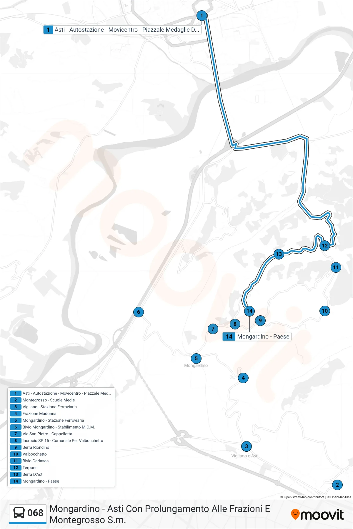 Linea 068 bus (Mongardino - Paese) - Percorsi e fermate sulla mappa