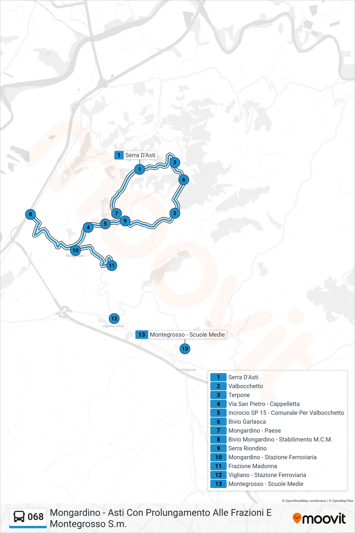 Linea 068 bus (Montegrosso - Scuole Medie) - Percorsi e fermate sulla mappa